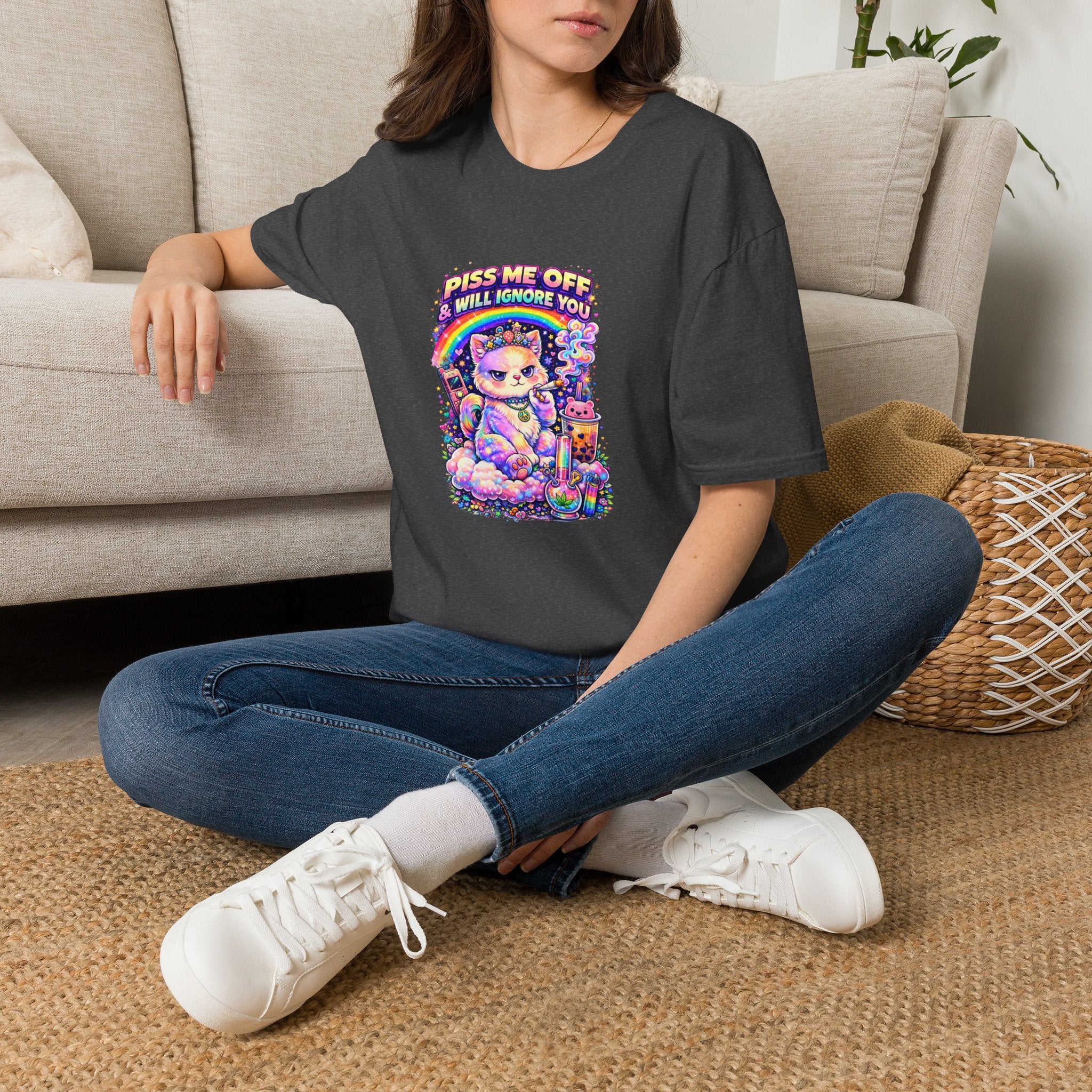 Graphic T-Shirt — "Piss Me Off & I Will Ignore You" Cute Grumpy Cat Rainbow Design
