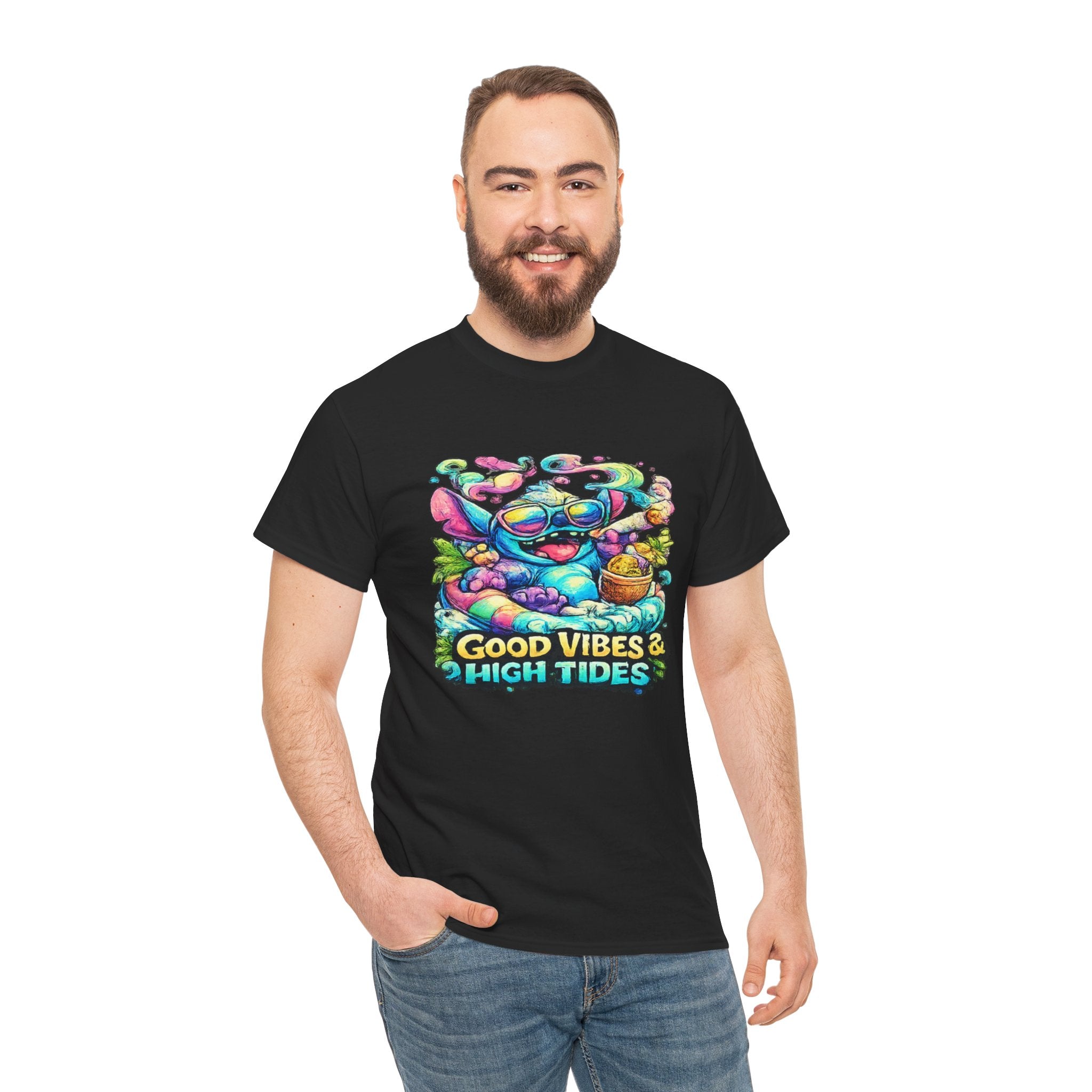 T-Shirt — "Good Vibes & High Tides" Colorful Surf Shark Graphic Tee