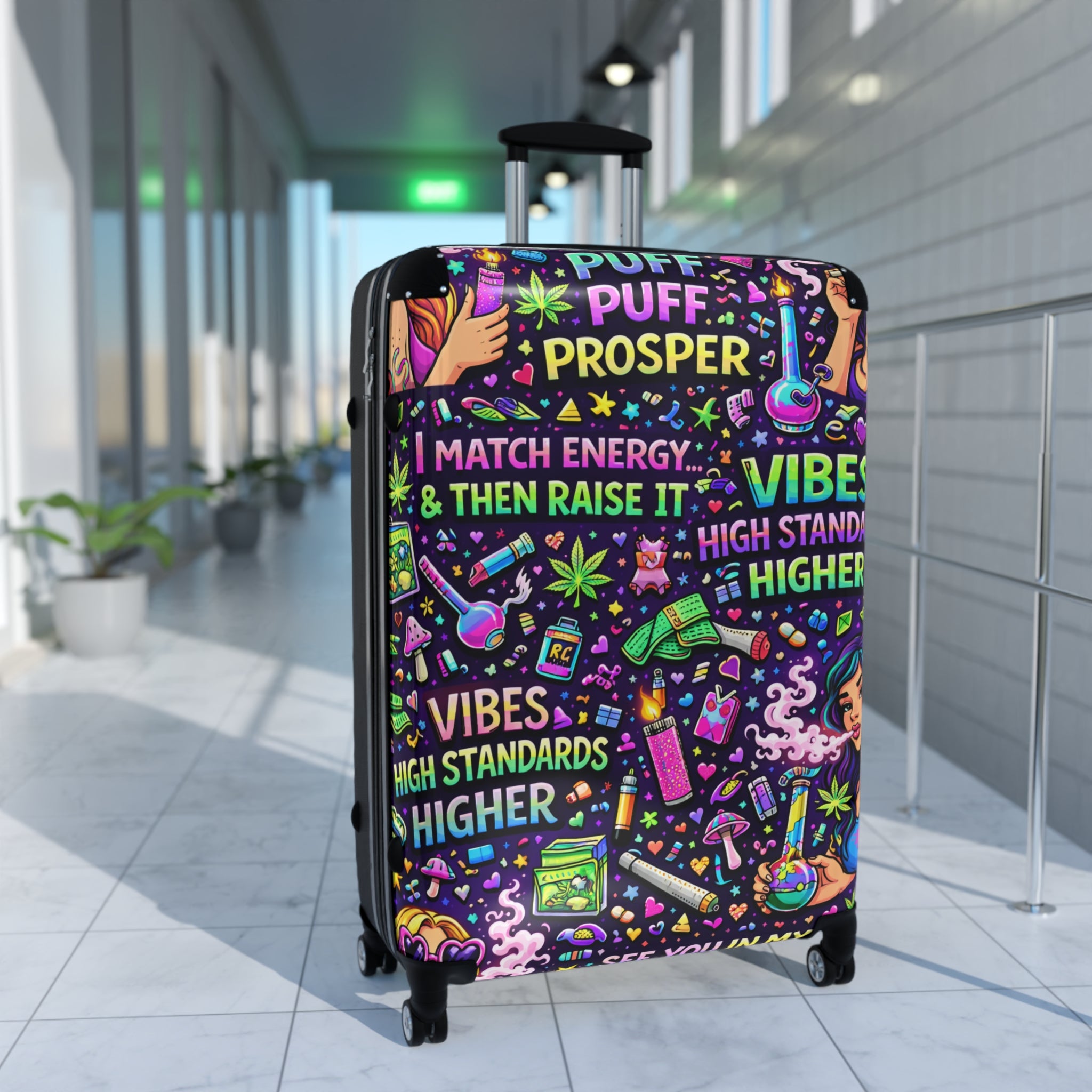 Suitcase - "Puff Prosper" Neon Travel Carry-On with Vibe & Good Energy Design