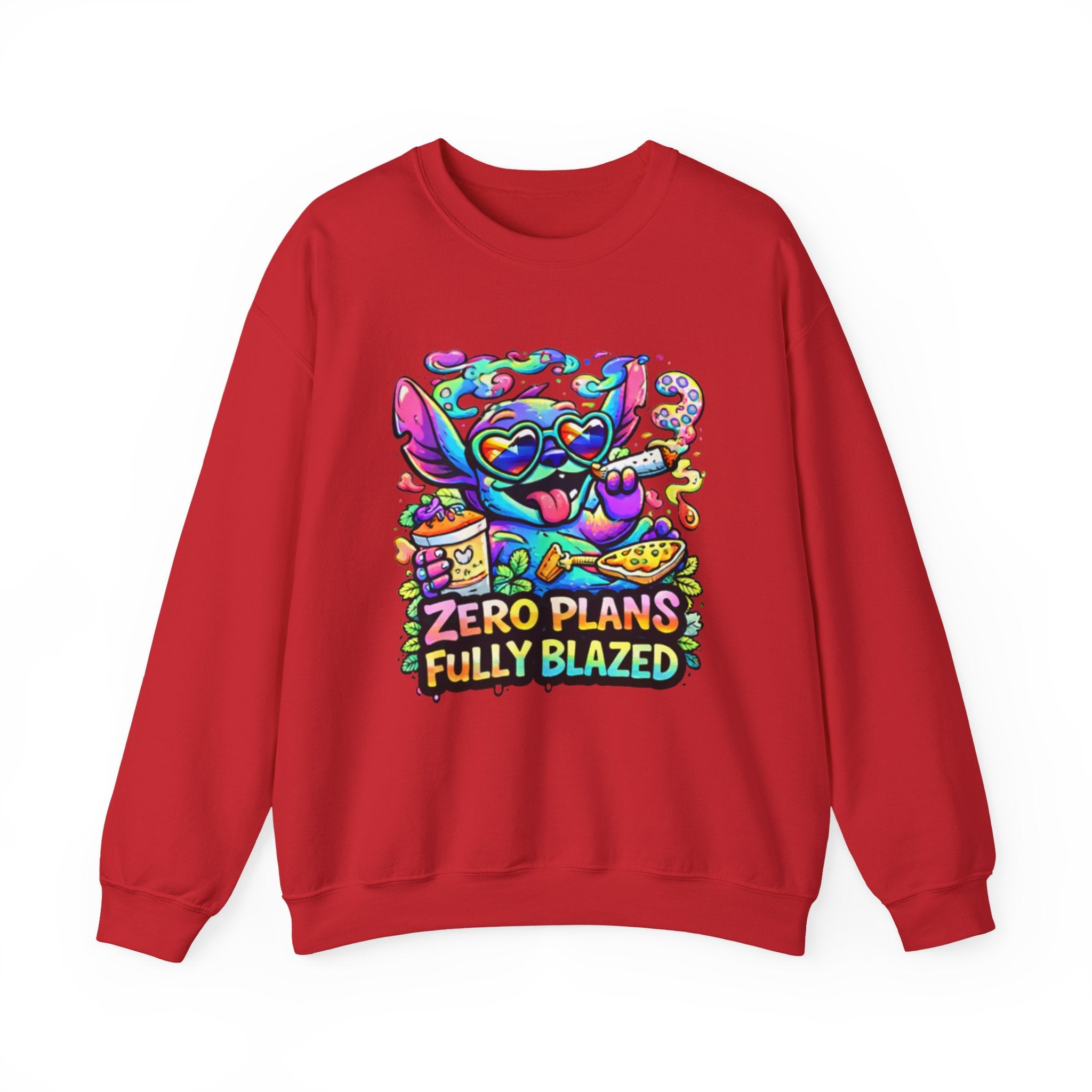 Crewneck Sweatshirt — "Zero Plans Fully Blazed" Colorful Stoner Cartoon Graphic
