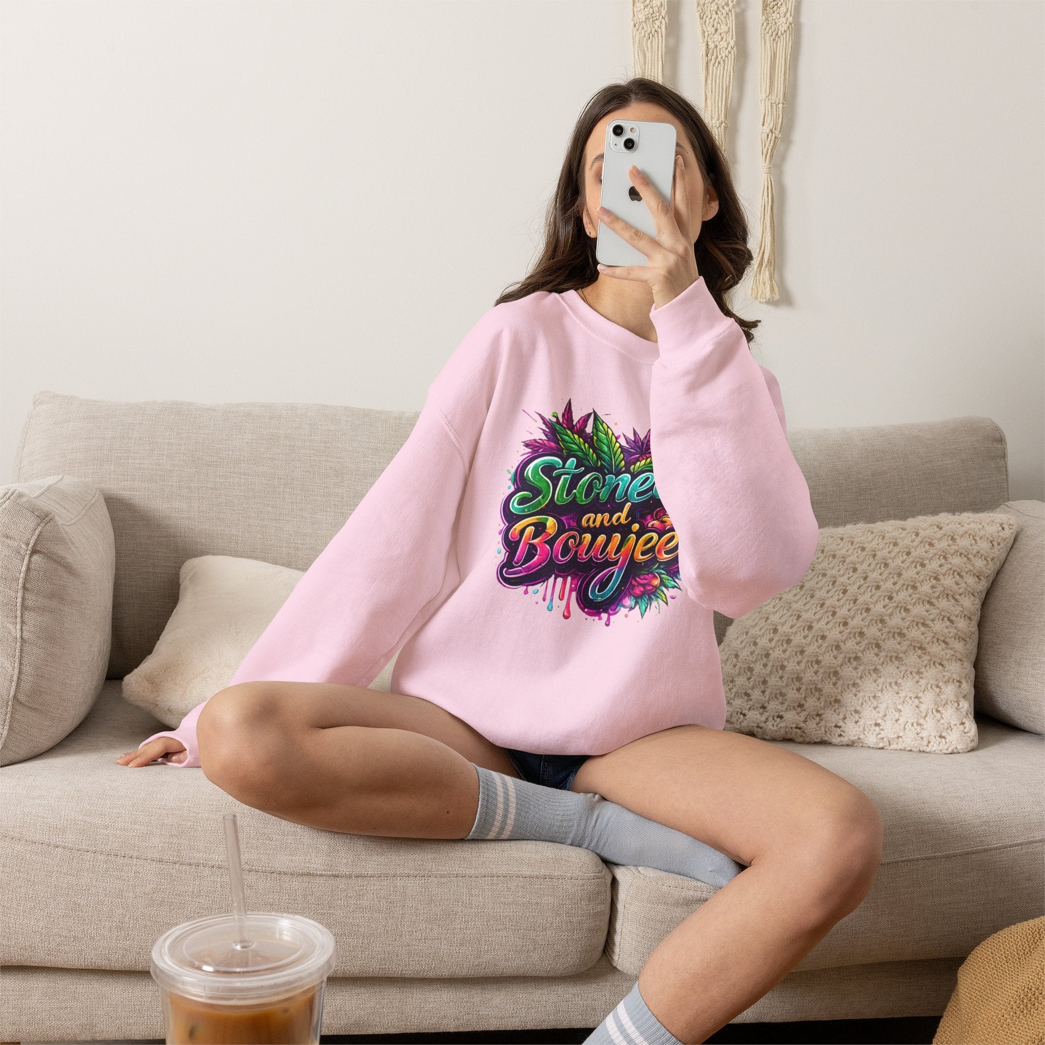 Crewneck Sweatshirt — "Stoned and Boujee" Colorful Cannabis Graphic
