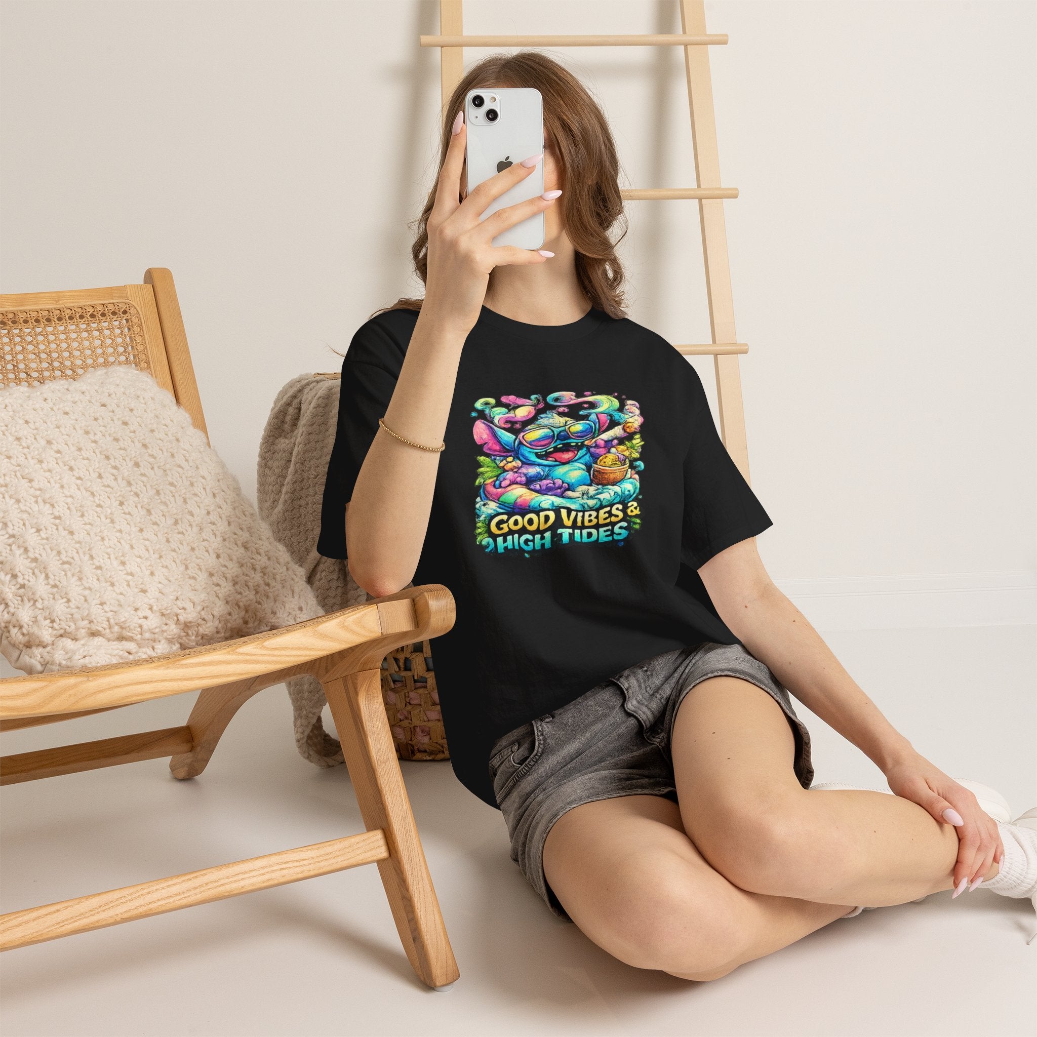 T-Shirt — "Good Vibes & High Tides" Colorful Surf Shark Graphic Tee