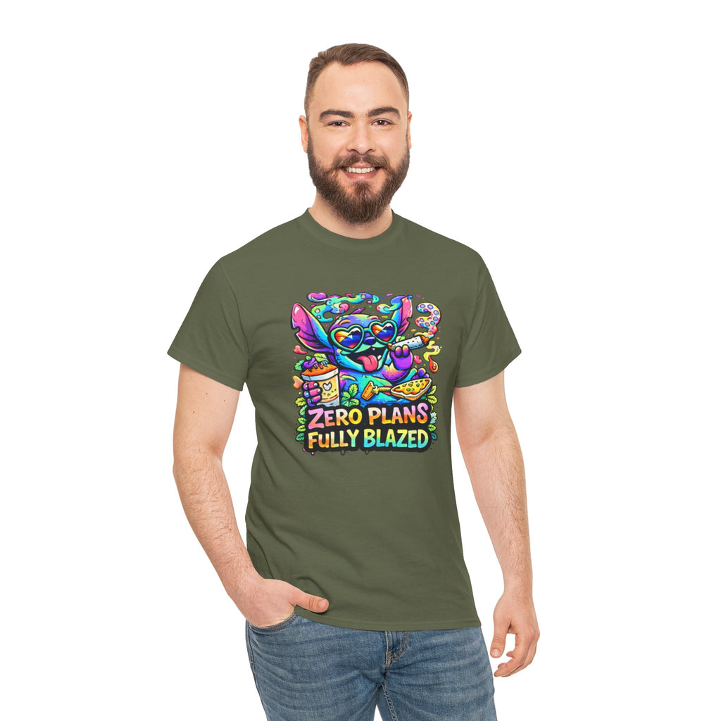 Zero Plans Fully Blazed Tee — Colorful Stoner Cat Graphic T-Shirt