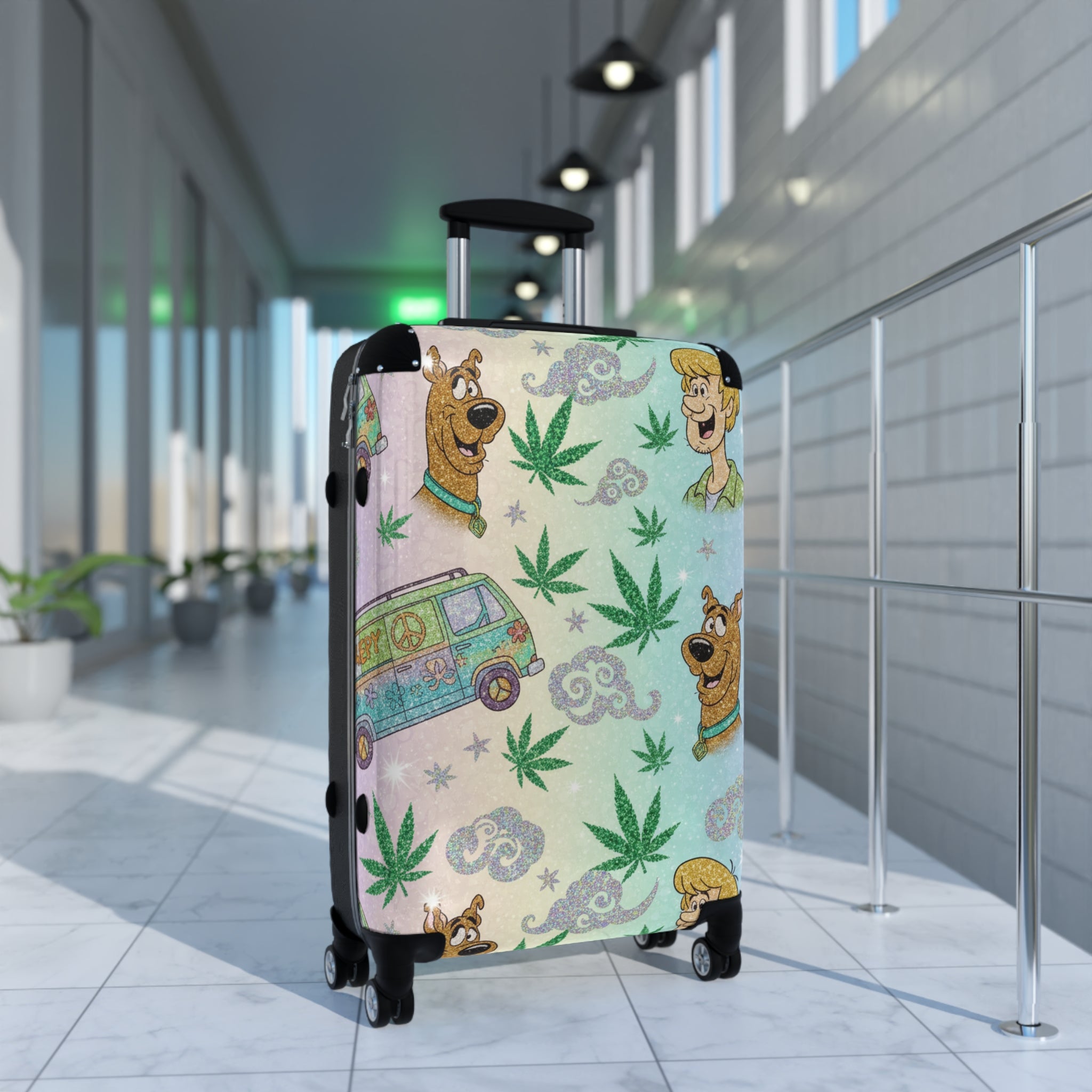 Scooby-Doo Cannabis Pattern Suitcase – Retro Van & Leaf Travel Luggage