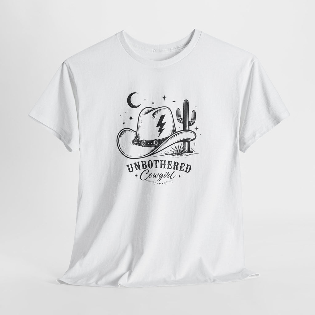 Unbothered Cowgirl Graphic Tee — Western Cowboy Hat & Cactus Design