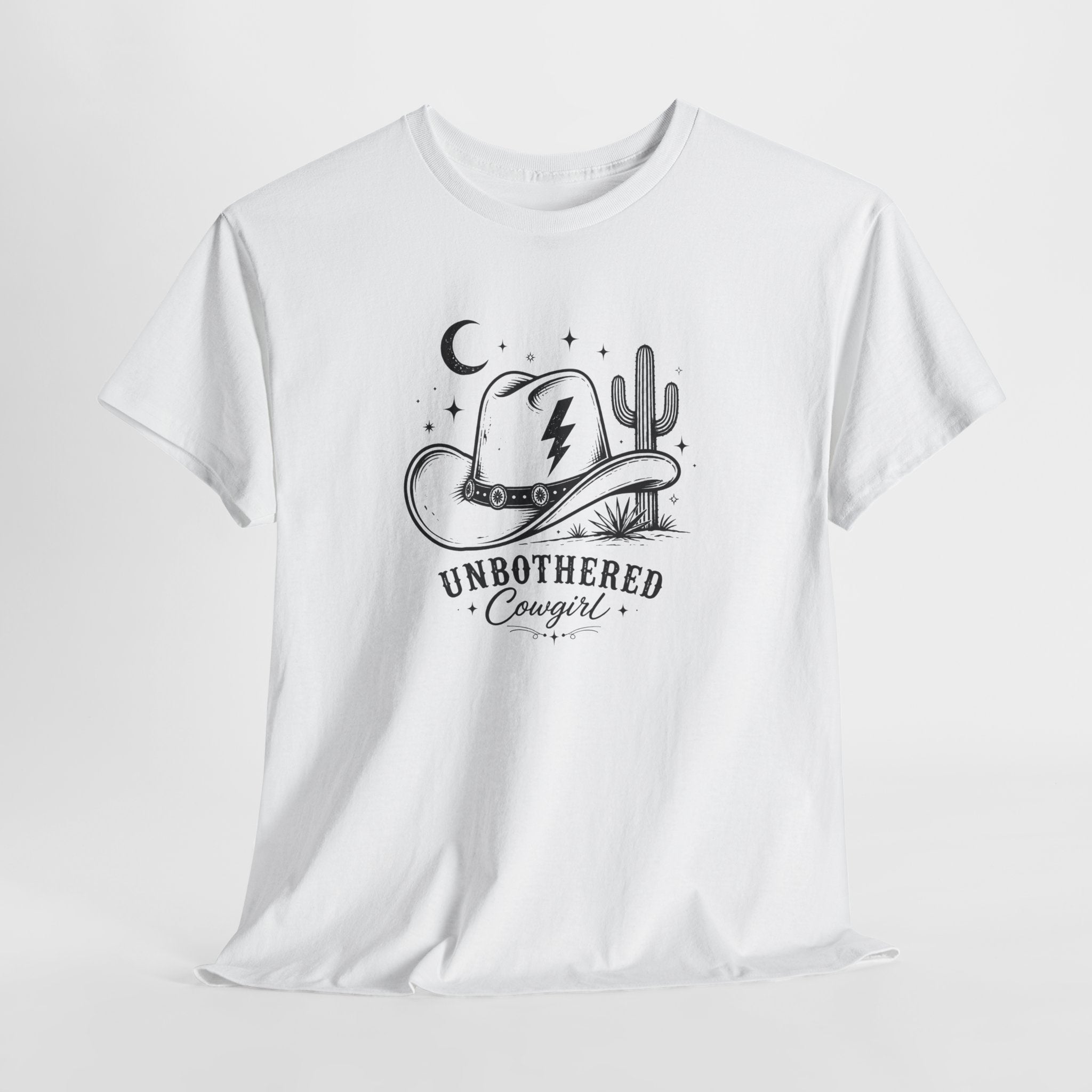 Unbothered Cowgirl Graphic Tee — Western Cowboy Hat & Cactus Design