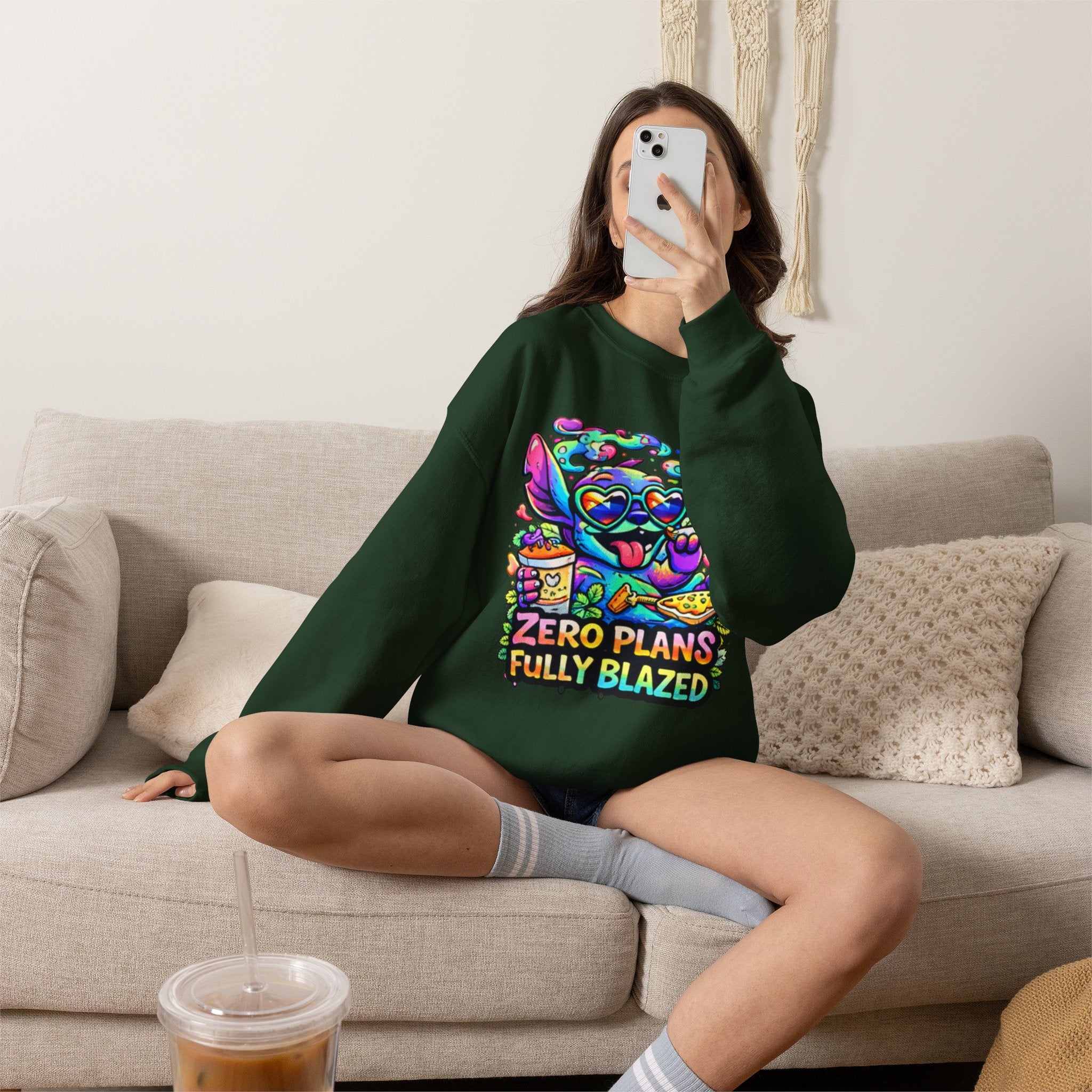 Crewneck Sweatshirt — "Zero Plans Fully Blazed" Colorful Stoner Cartoon Graphic