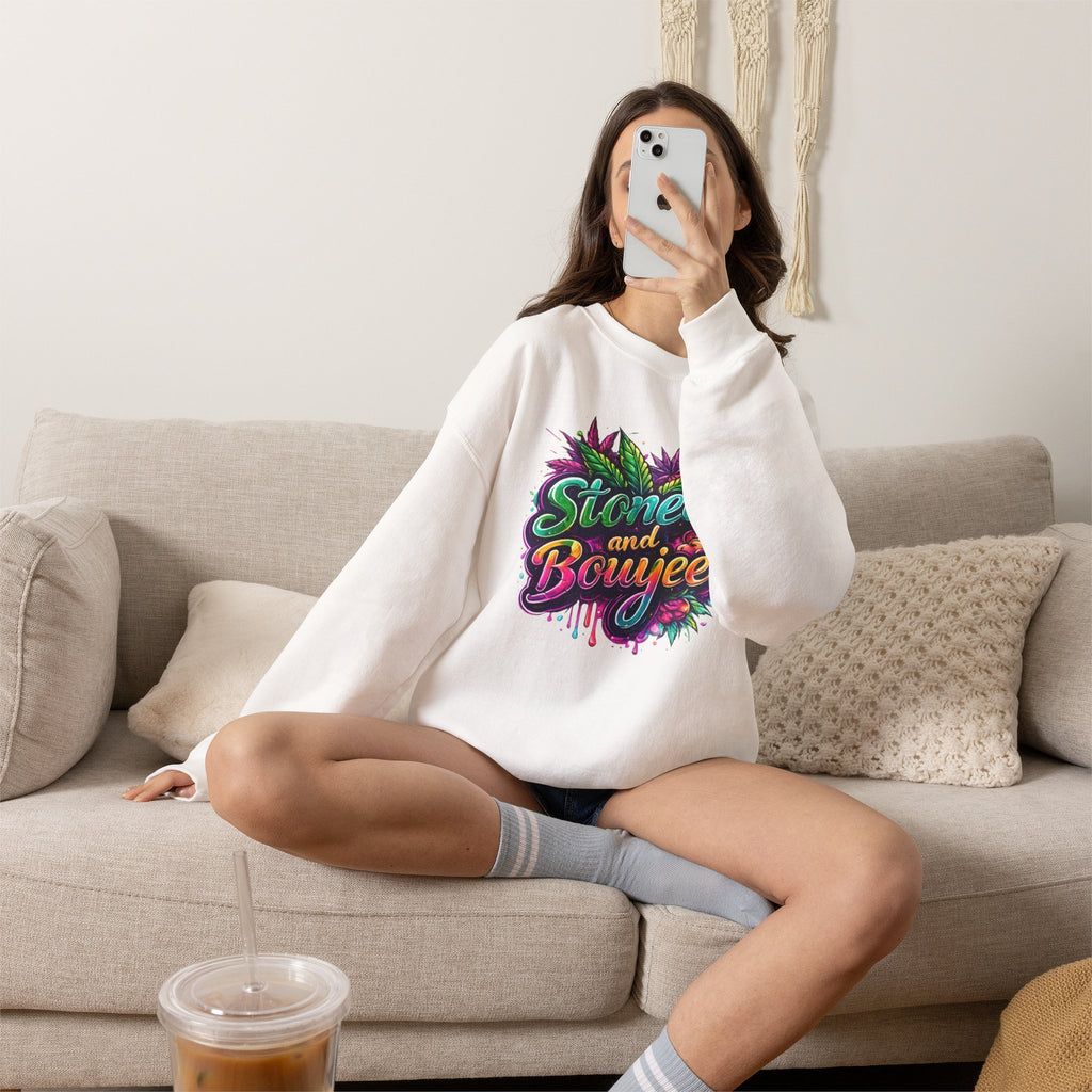 Crewneck Sweatshirt — "Stoned and Boujee" Colorful Cannabis Graphic