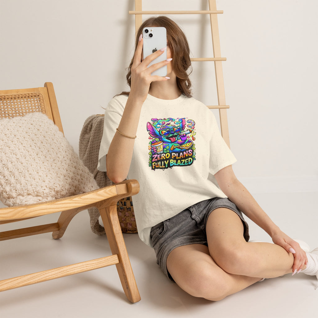 Zero Plans Fully Blazed Tee — Colorful Stoner Cat Graphic T-Shirt