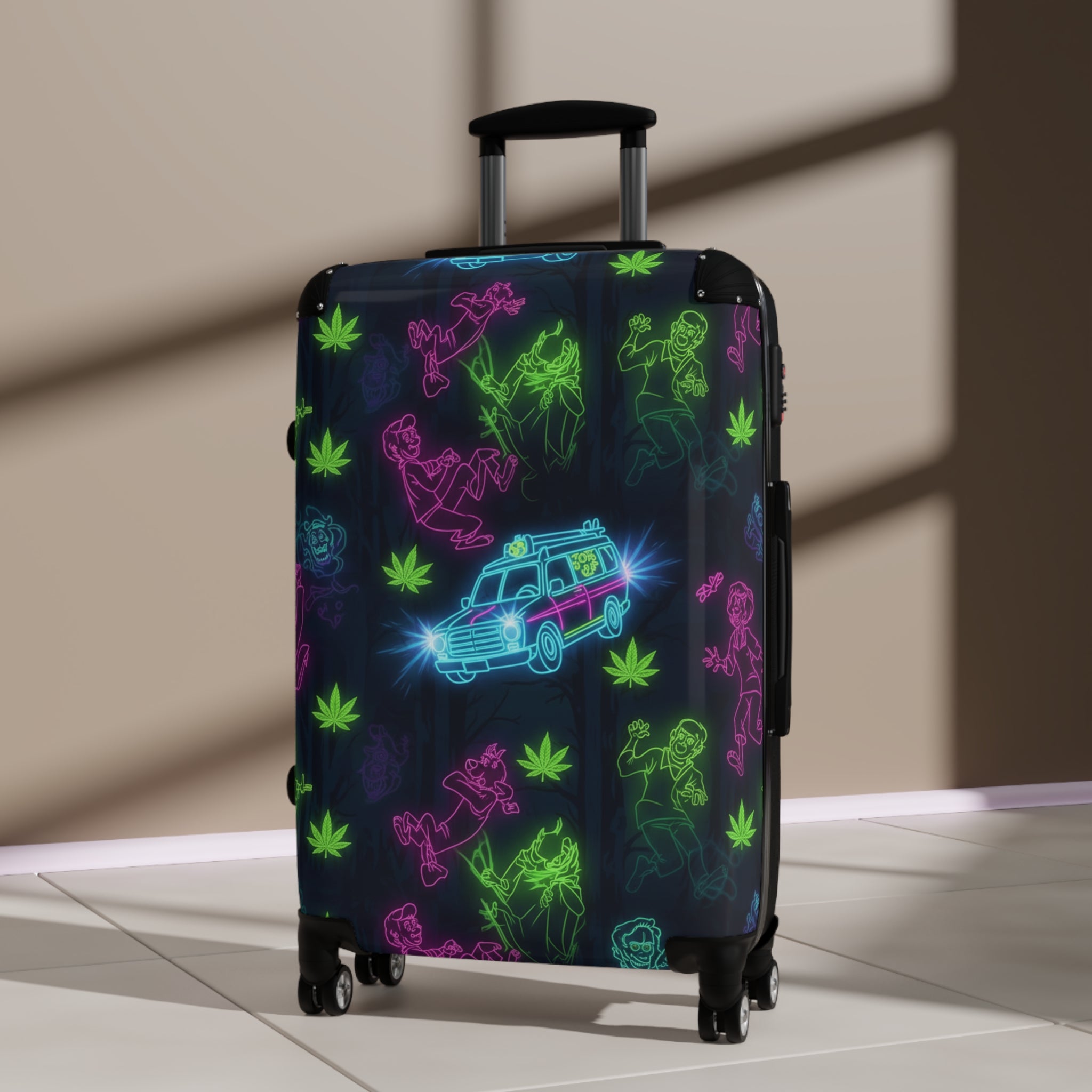 Neon Roadtrip Suitcase – Retro Van & Palm Pattern Carry-On