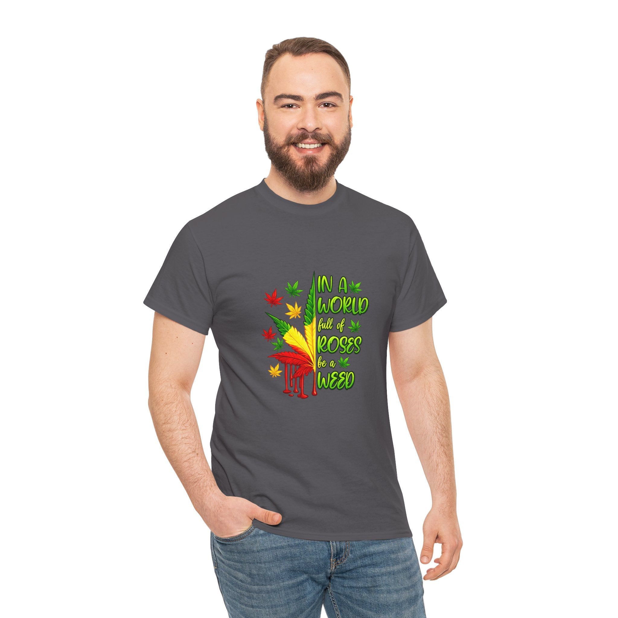 T-Shirt — "In A World Where Mosses Rule" Colorful Mushroom & Leaf Graphic