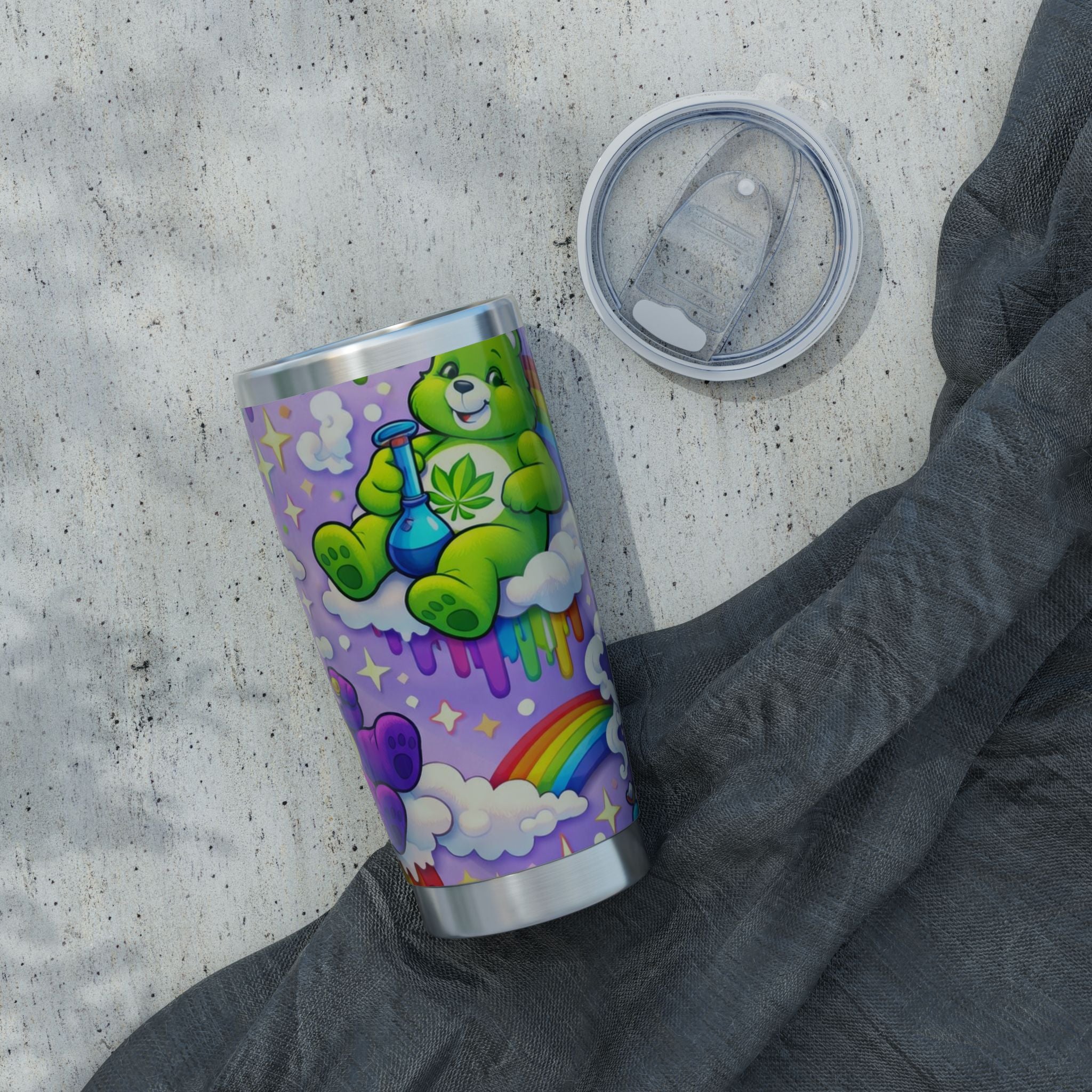 20oz Tumbler — Psychedelic Rainbow Bear Travel Cup with Leaf Motif