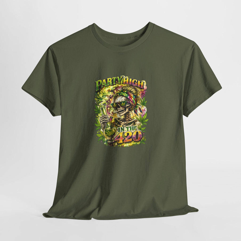 T-Shirt — 'Party High the 420' Cannabis Skull Graphic Tee