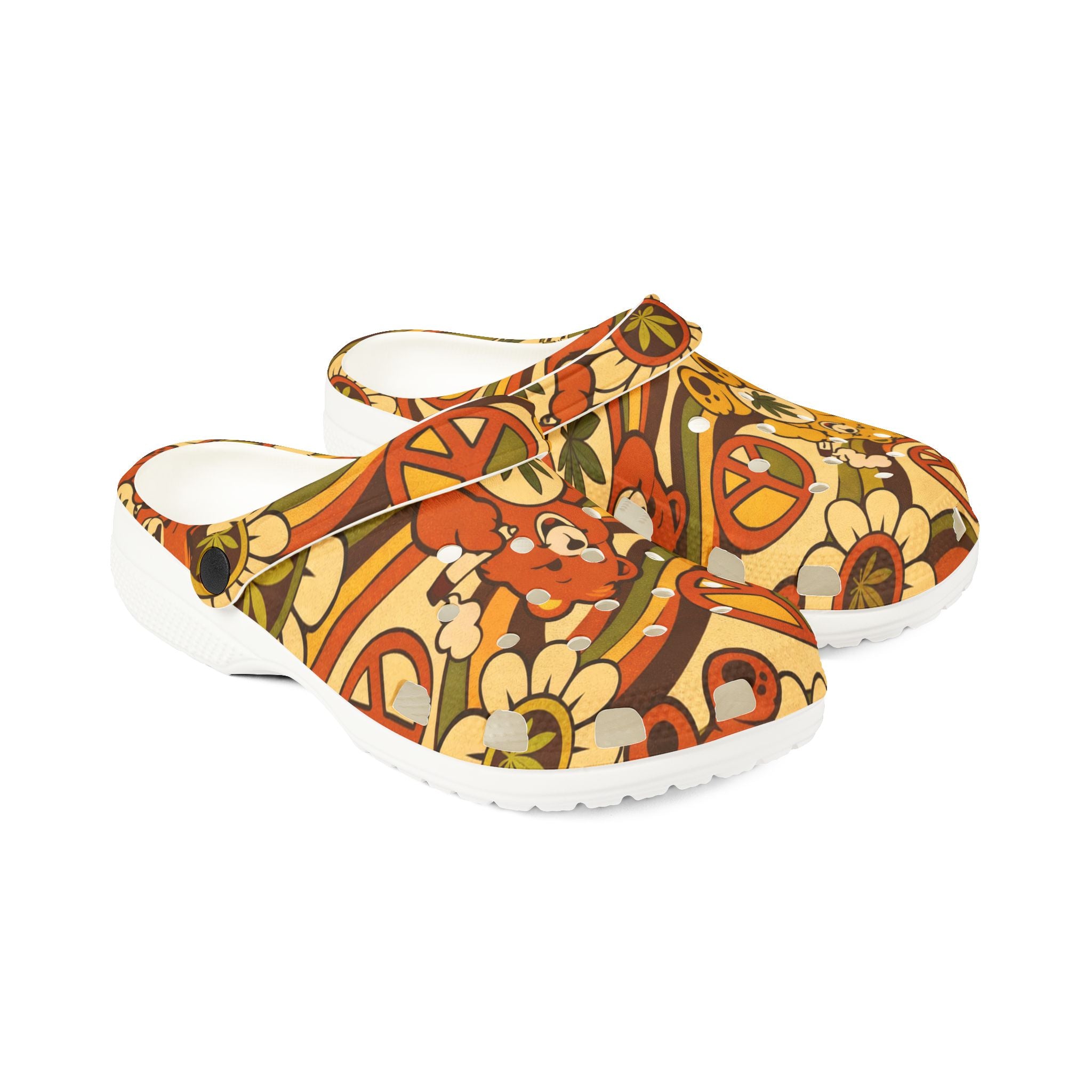Retro Flower Power EVA Clogs — 70s Peace Sign Floral Slip-On Shoes