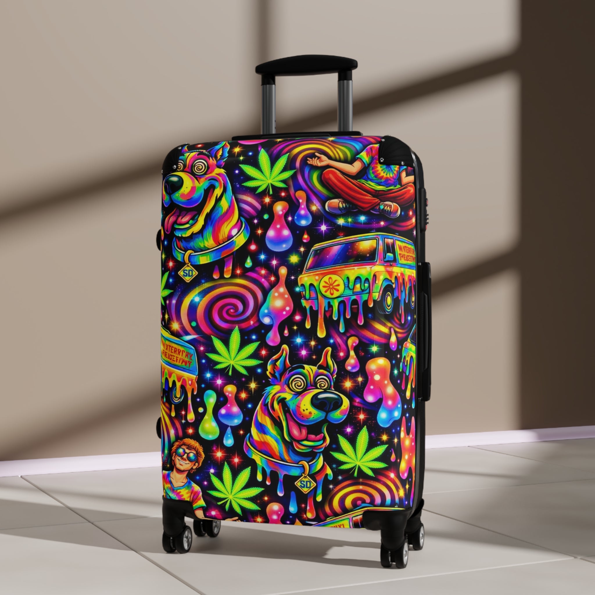 Psychedelic Travel Suitcase – Neon Hippie Dog & Van Print