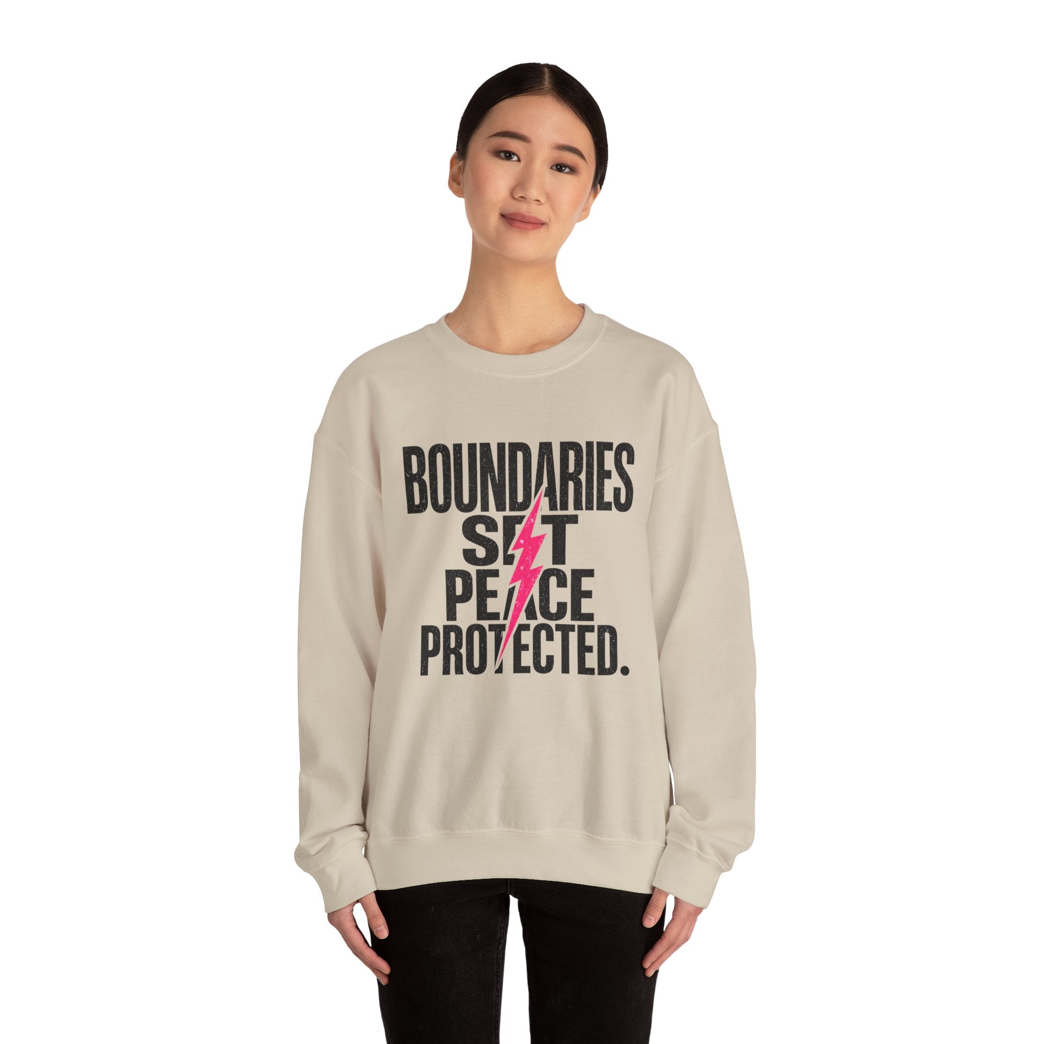 Crewneck Sweatshirt "Boundaries Set. Peace Protected." – Empowerment Graphic Pullover