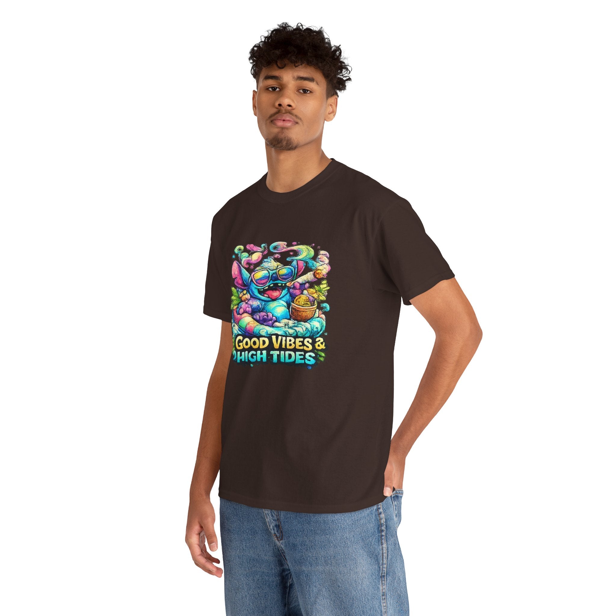 T-Shirt — "Good Vibes & High Tides" Colorful Surf Shark Graphic Tee