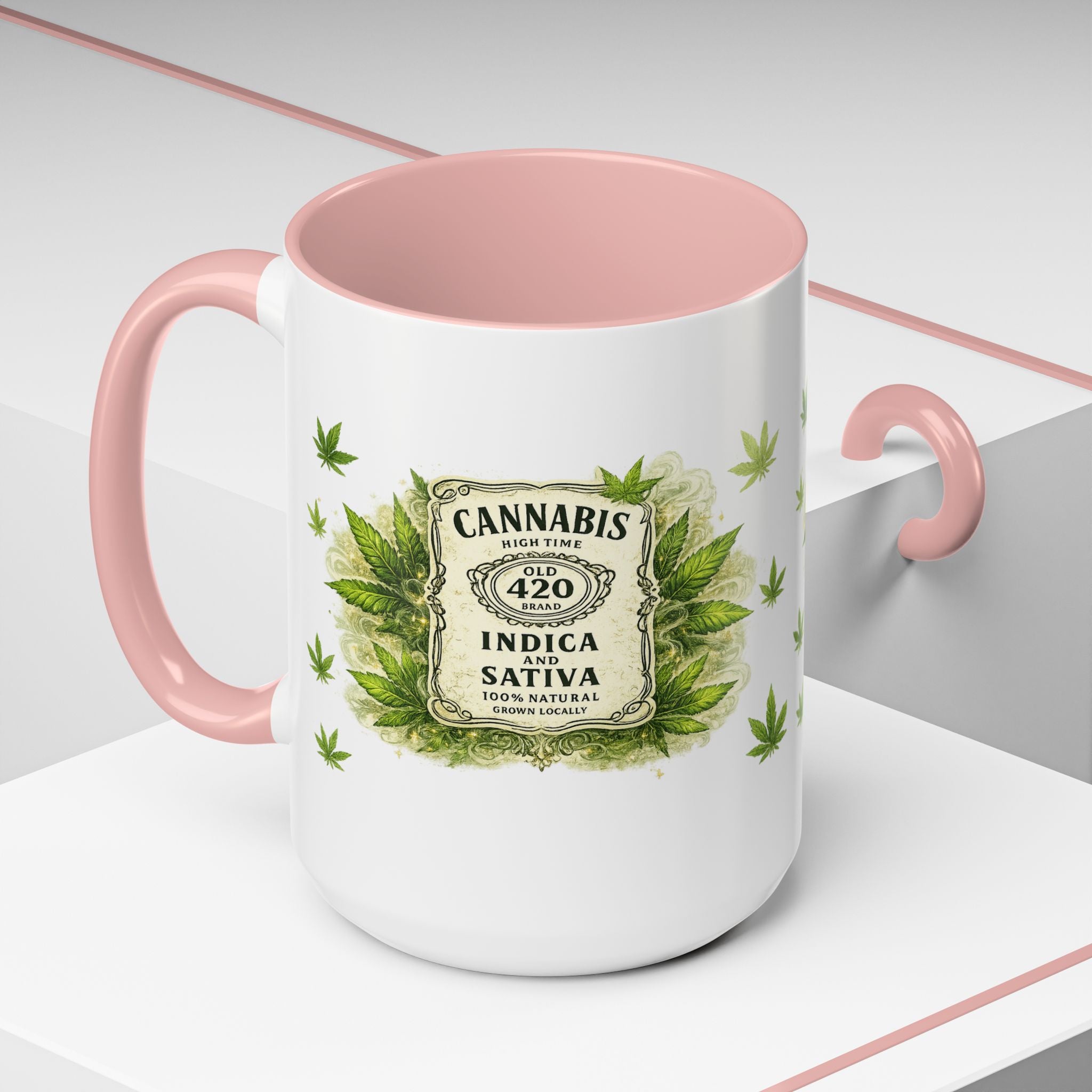Cannabis 420 Accent Coffee Mug — Indica & Sativa Leaf Pattern (11/15oz)