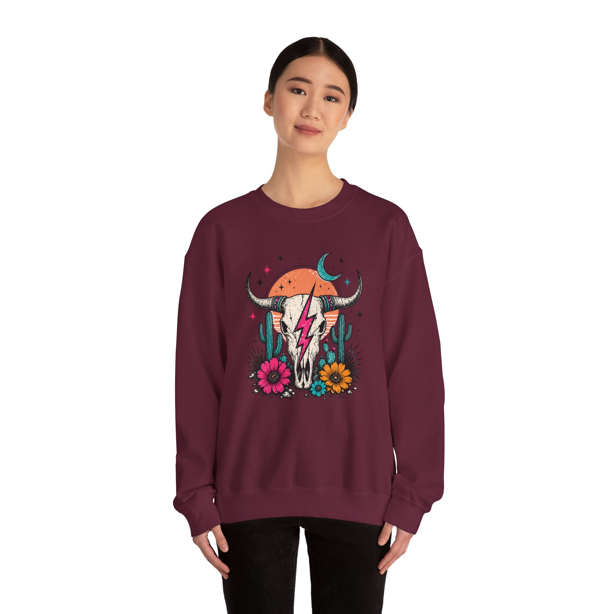 Southwest Skull Crewneck Sweatshirt — Desert Cactus Lightning Graphic
