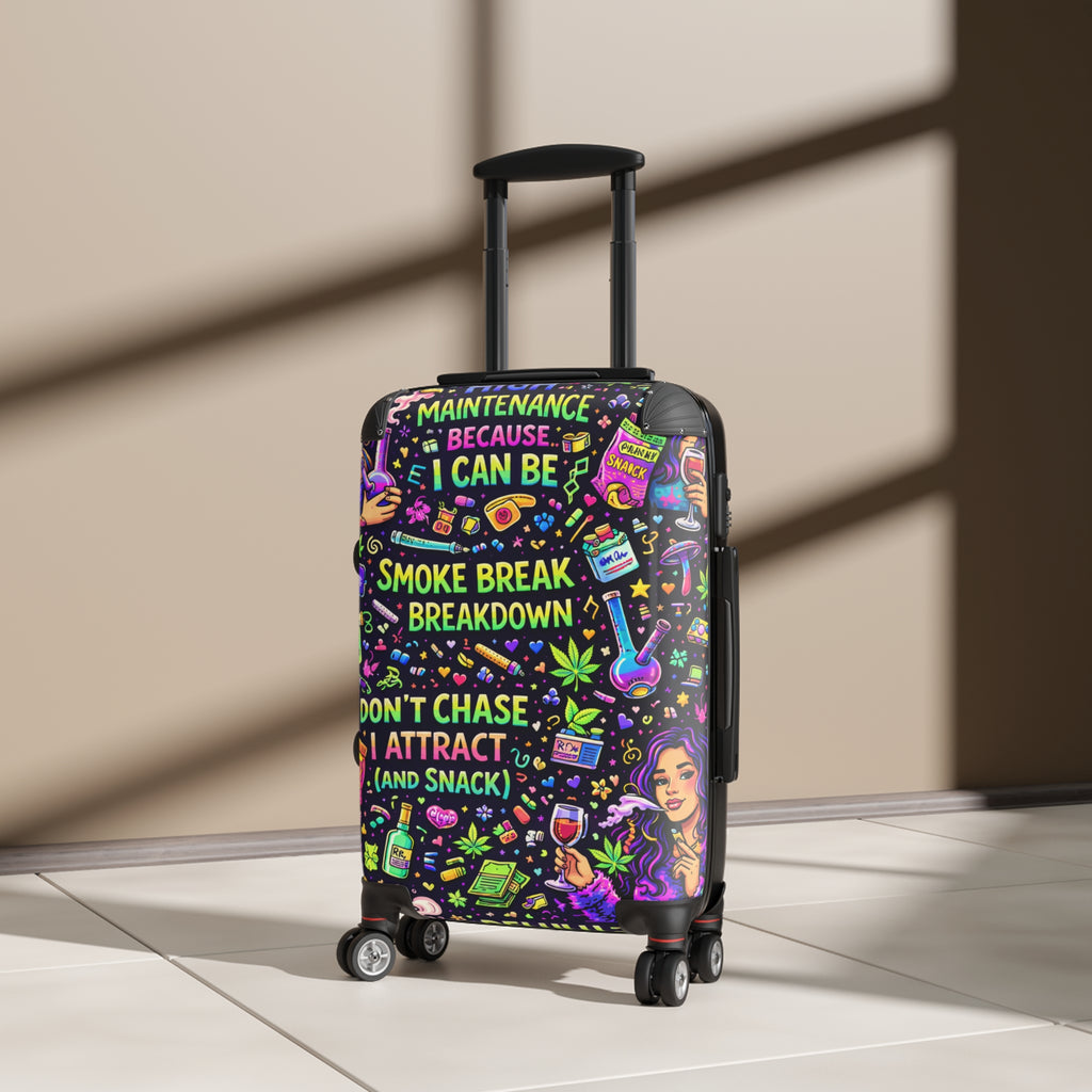 Suitcase — Colorful Cannabis Self-Care Carry-On: "Maintenance Because I Can Be" Travel Luggage