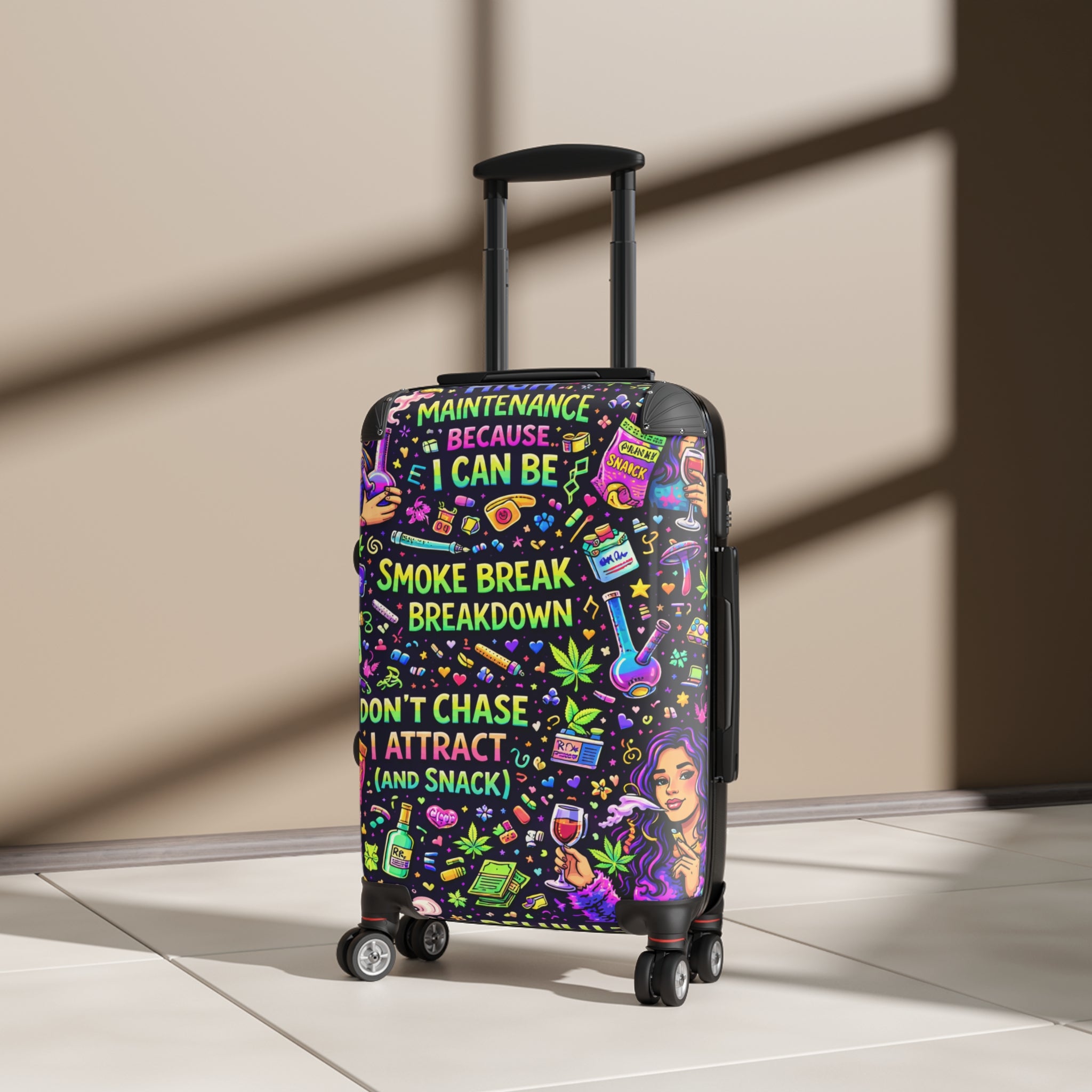 Suitcase — Colorful Cannabis Self-Care Carry-On: "Maintenance Because I Can Be" Travel Luggage