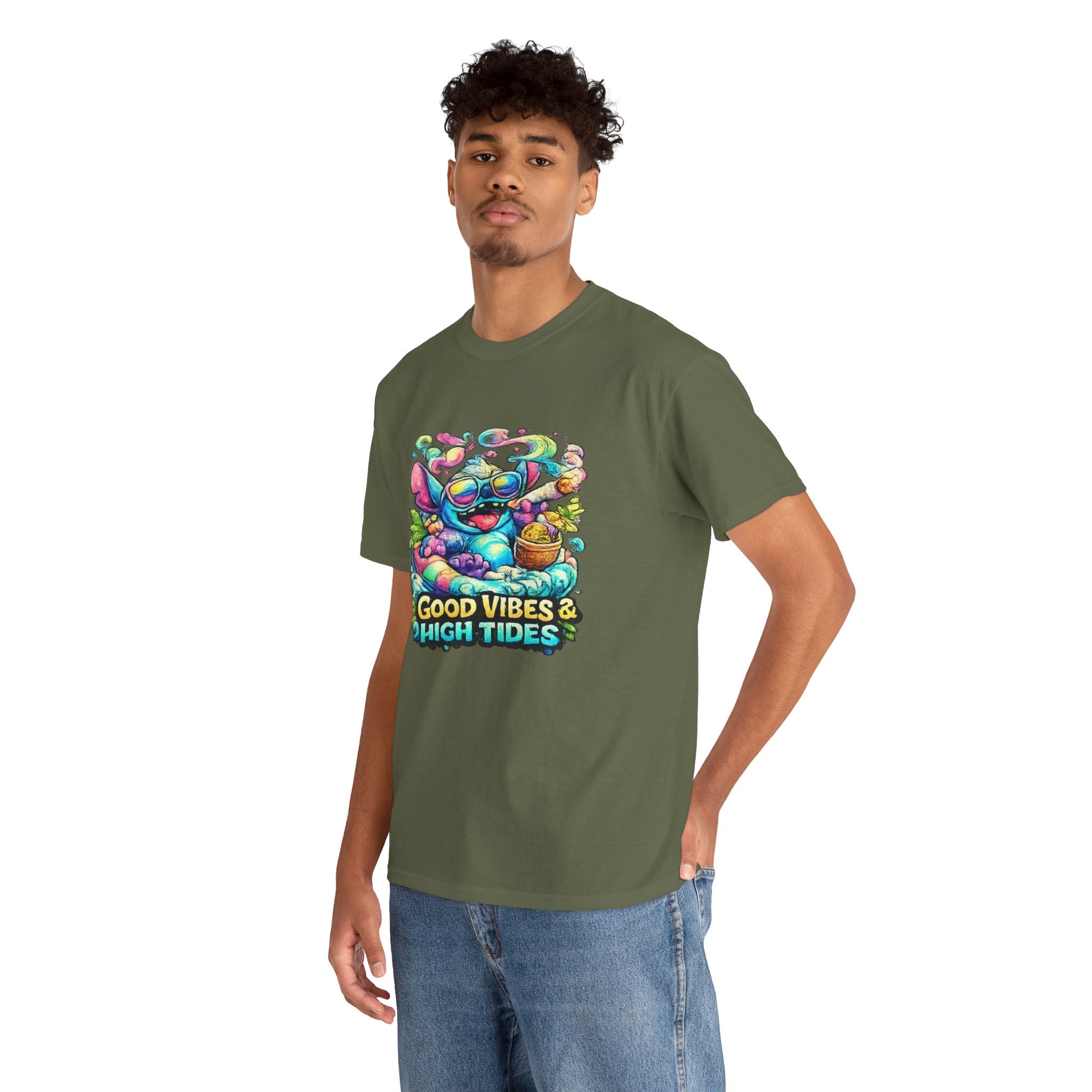 T-Shirt — "Good Vibes & High Tides" Colorful Surf Shark Graphic Tee