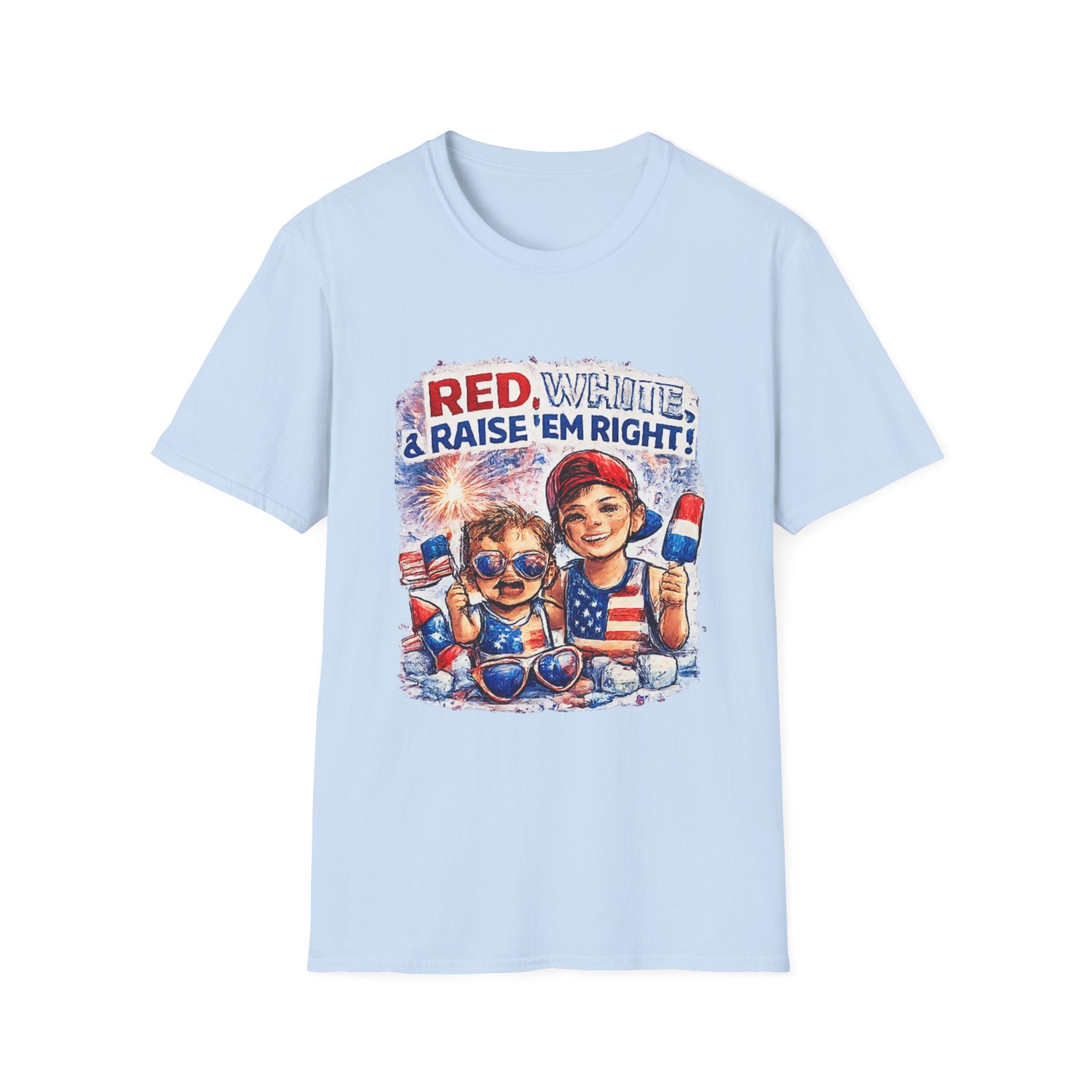 Patriotic Kids Tee — "Red, White & Raise 'Em Right" 4th of July Shirt