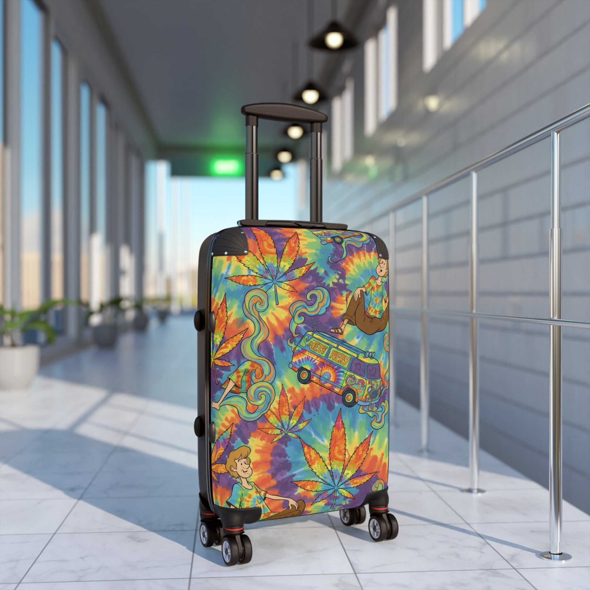 Tie-Dye Hippie Van Suitcase - Colorful Retro Cannabis Leaf Carry-On