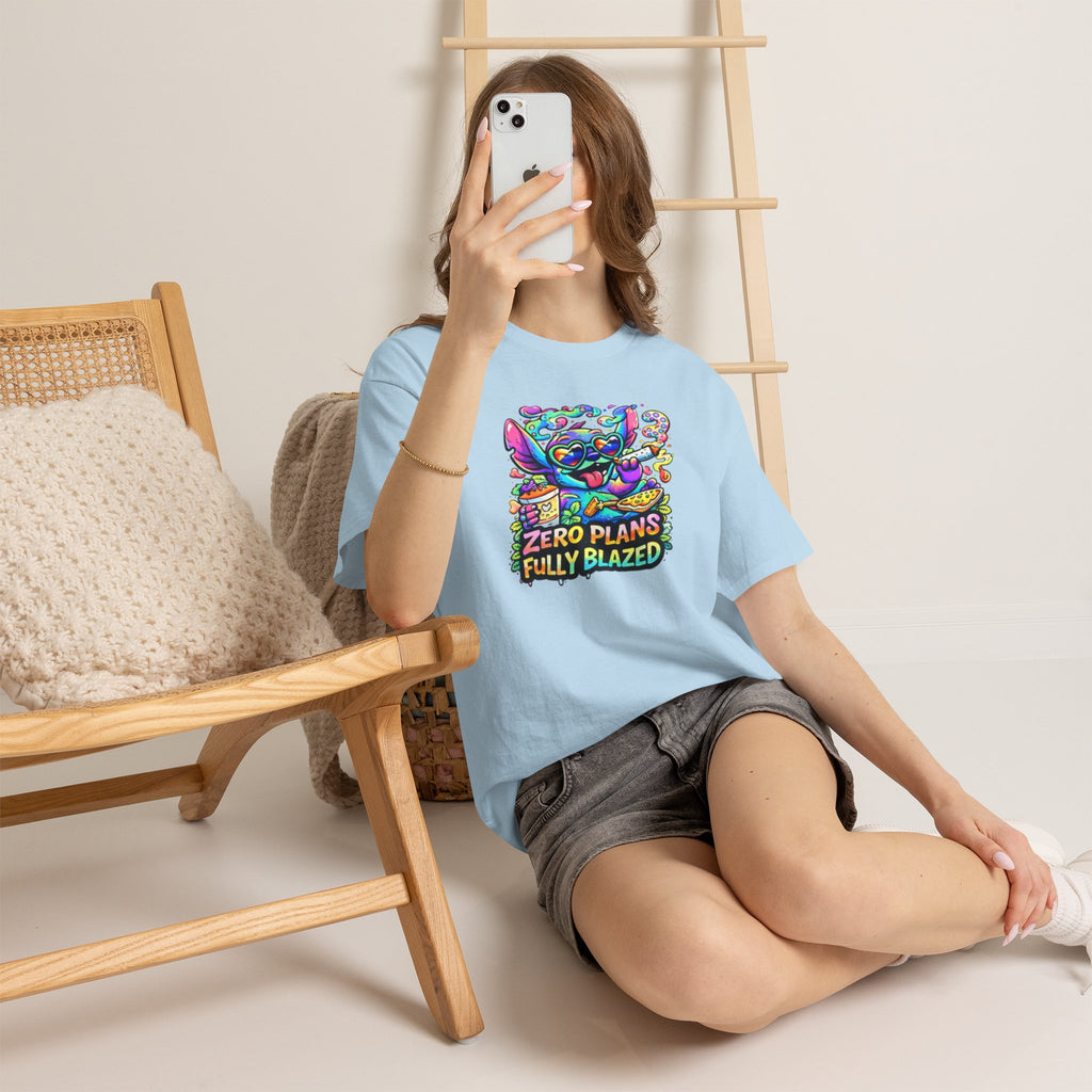 Zero Plans Fully Blazed Tee — Colorful Stoner Cat Graphic T-Shirt