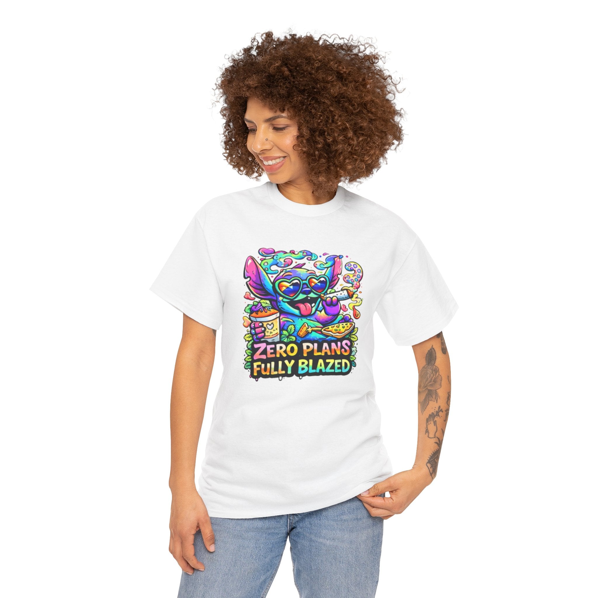 Zero Plans Fully Blazed Tee — Colorful Stoner Cat Graphic T-Shirt