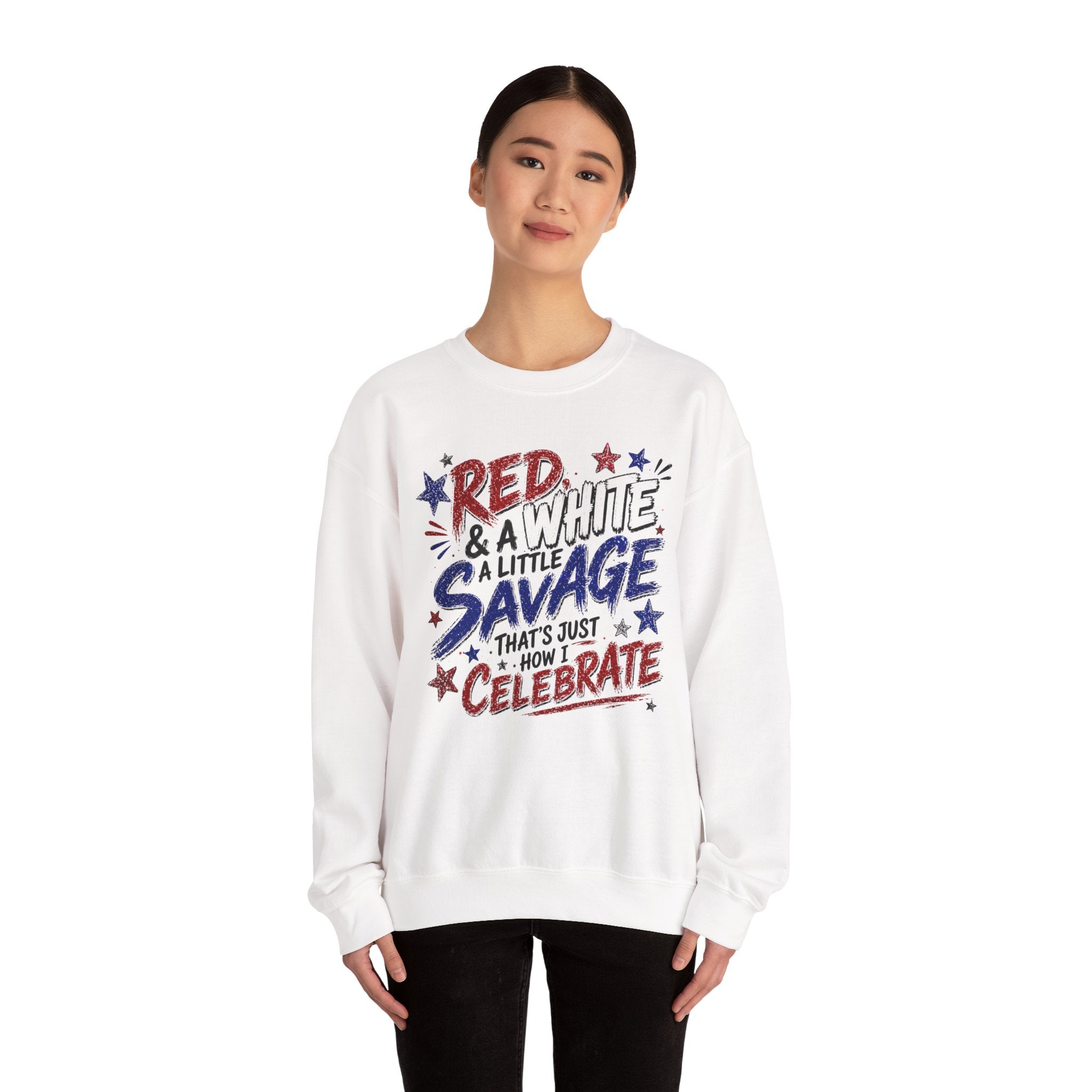 Crewneck Sweatshirt — "Red & White & A Little Savage" Patriotic 4th of July Pullover