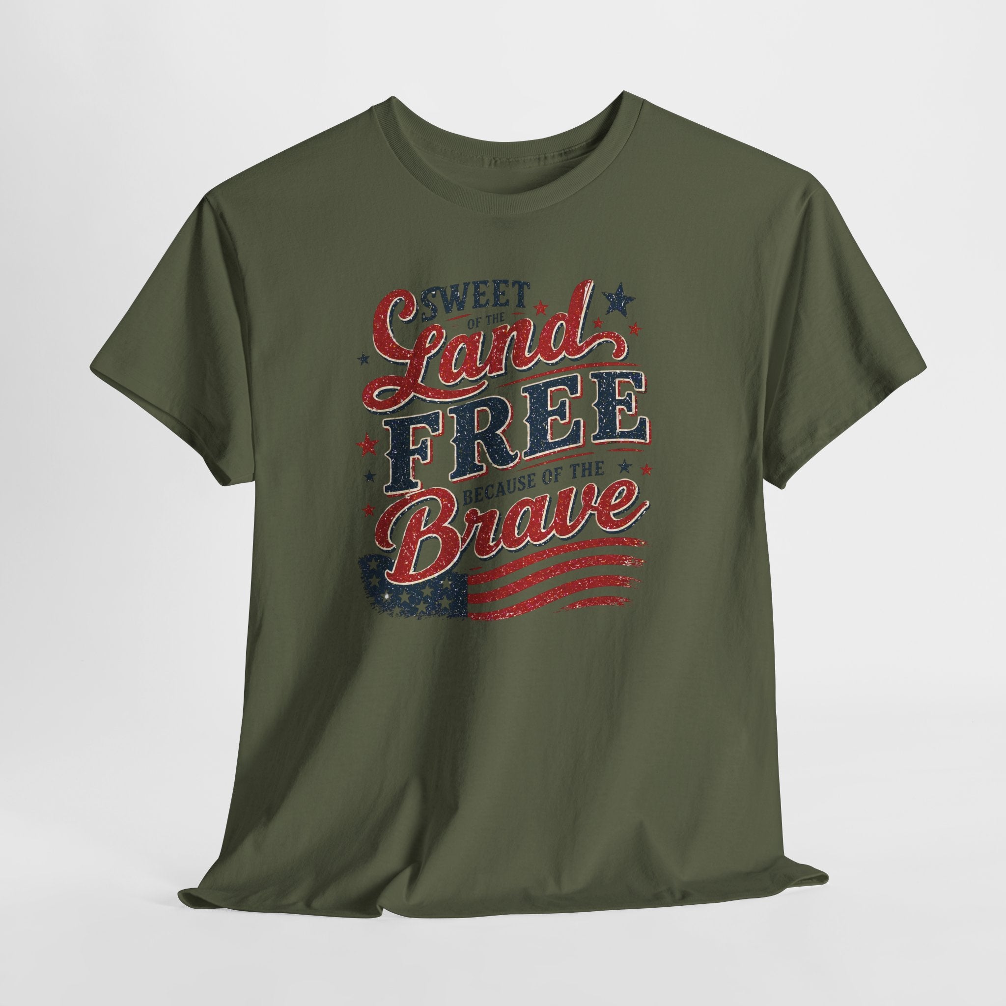 Patriotic Tee — "Sweet Land Free Because of the Brave" American Flag Shirt