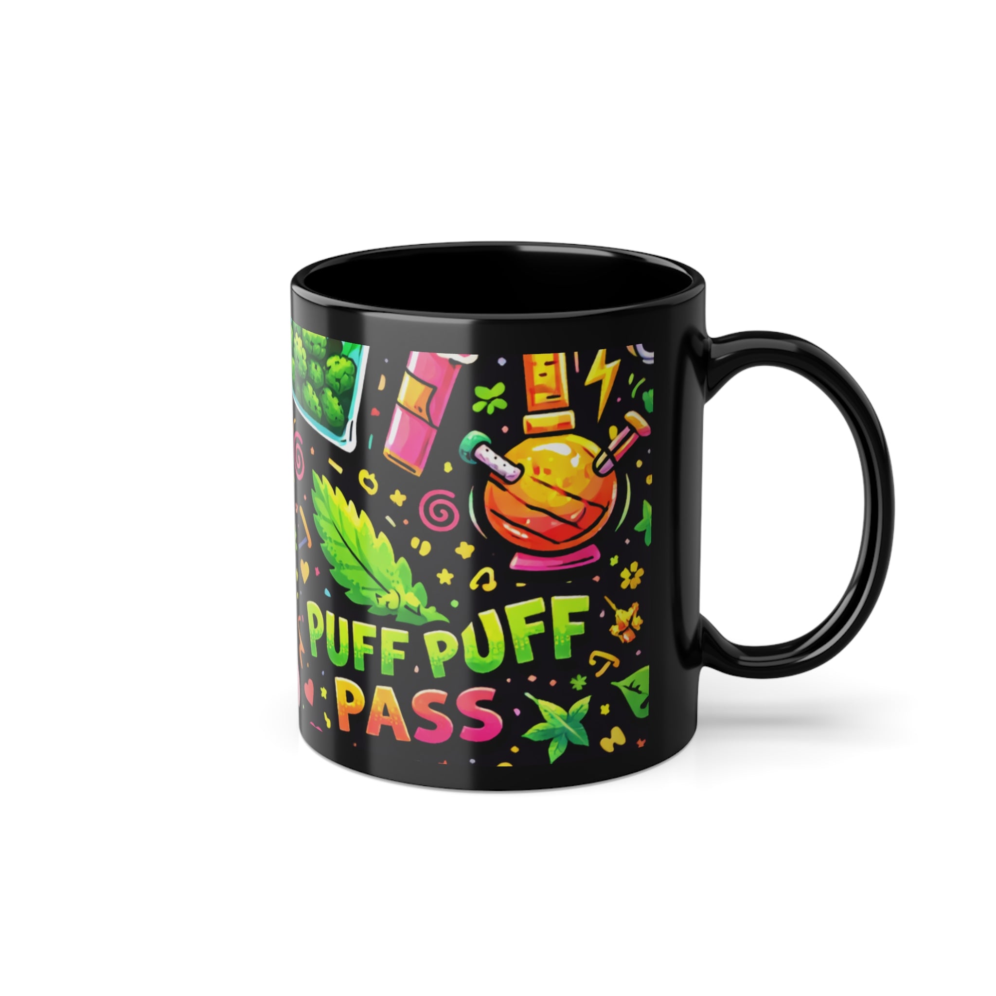 Puff Party Black Coffee Mug — 11oz Colorful Cannabis Doodles & 'Puff Puff Pass' Design