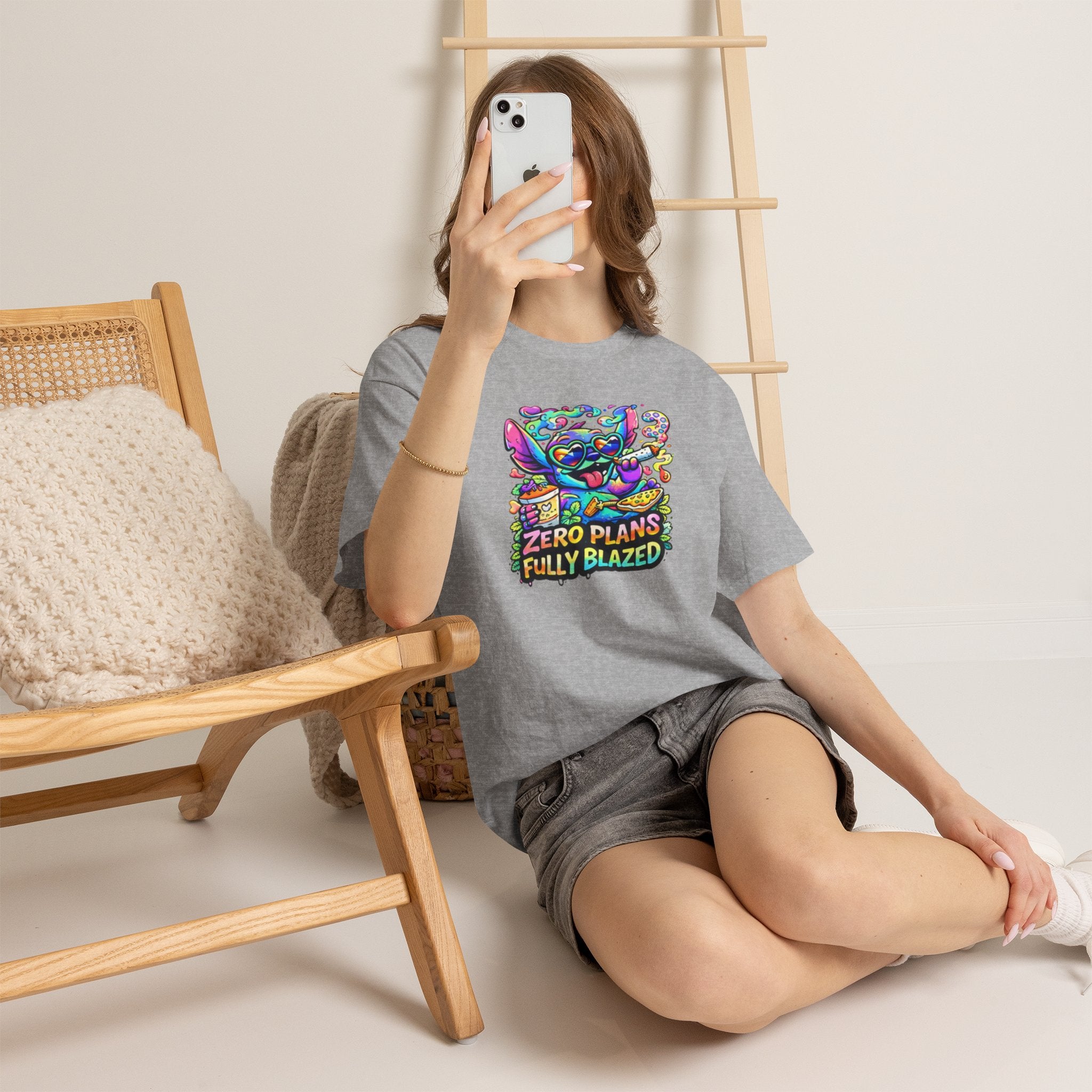 Zero Plans Fully Blazed Tee — Colorful Stoner Cat Graphic T-Shirt