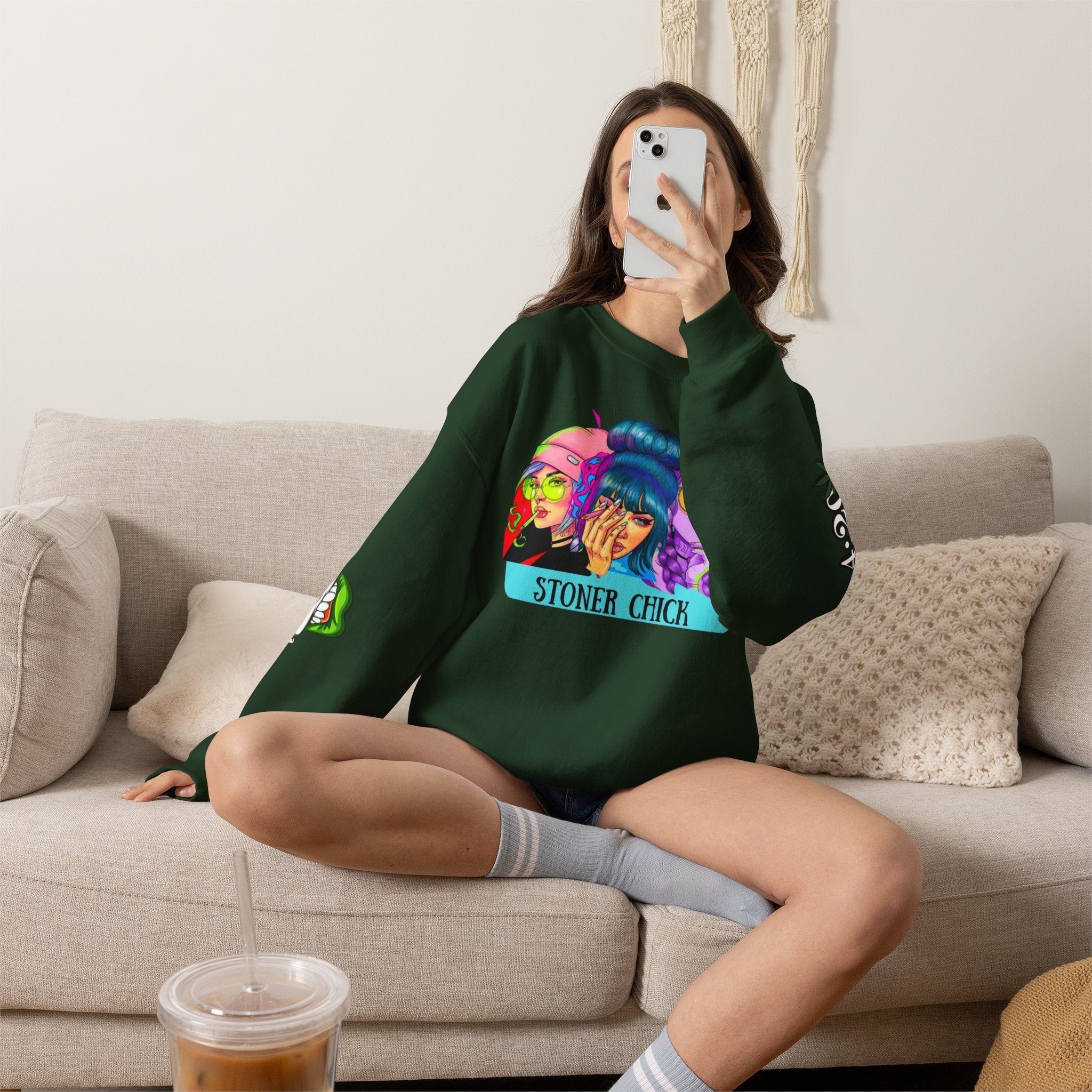 Stoner Chicks Crewneck Sweatshirt — Retro Cannabis Graphic