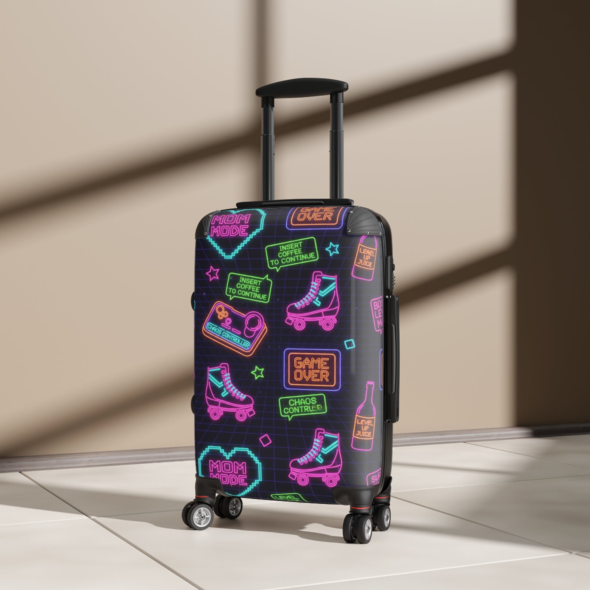 Neon Retro Arcade Suitcase – Roller Skates & Game Over Travel Luggage