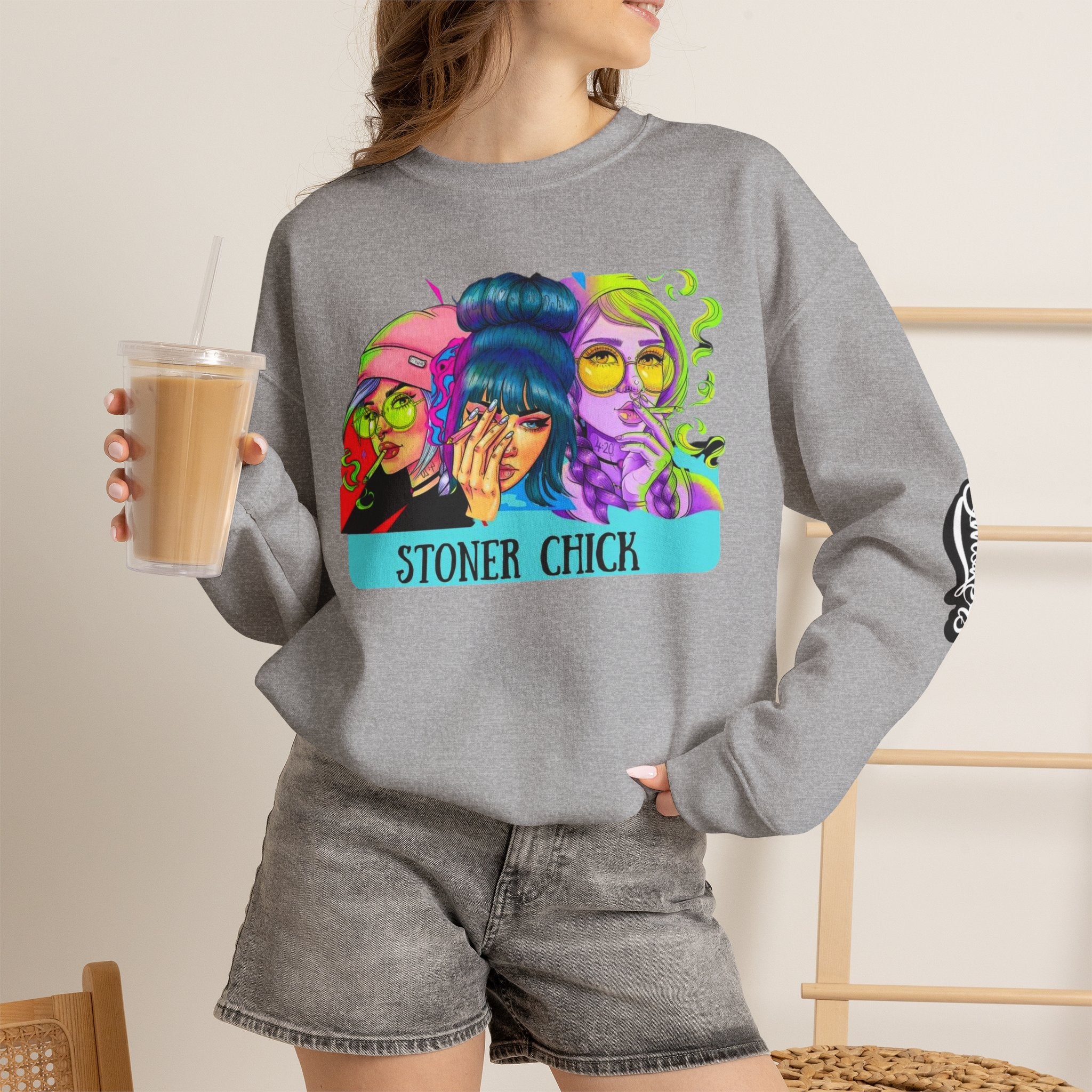 Stoner Chicks Crewneck Sweatshirt — Retro Cannabis Graphic