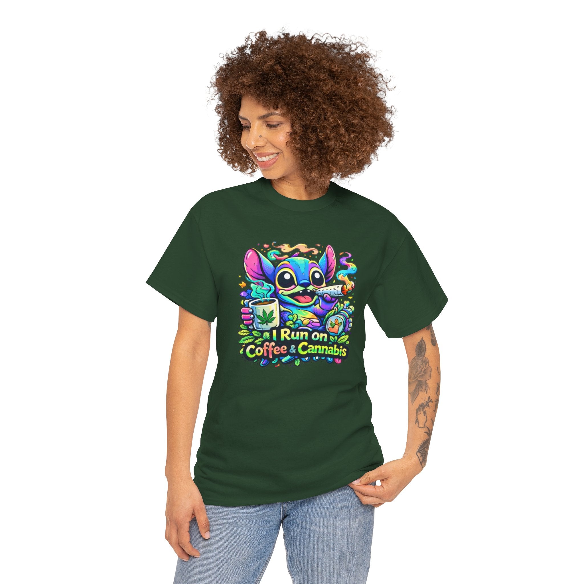 Coffee & Cannabis Tee — 'I Run on Coffee & Cannabis' Cute Stitch Graphic T-Shirt