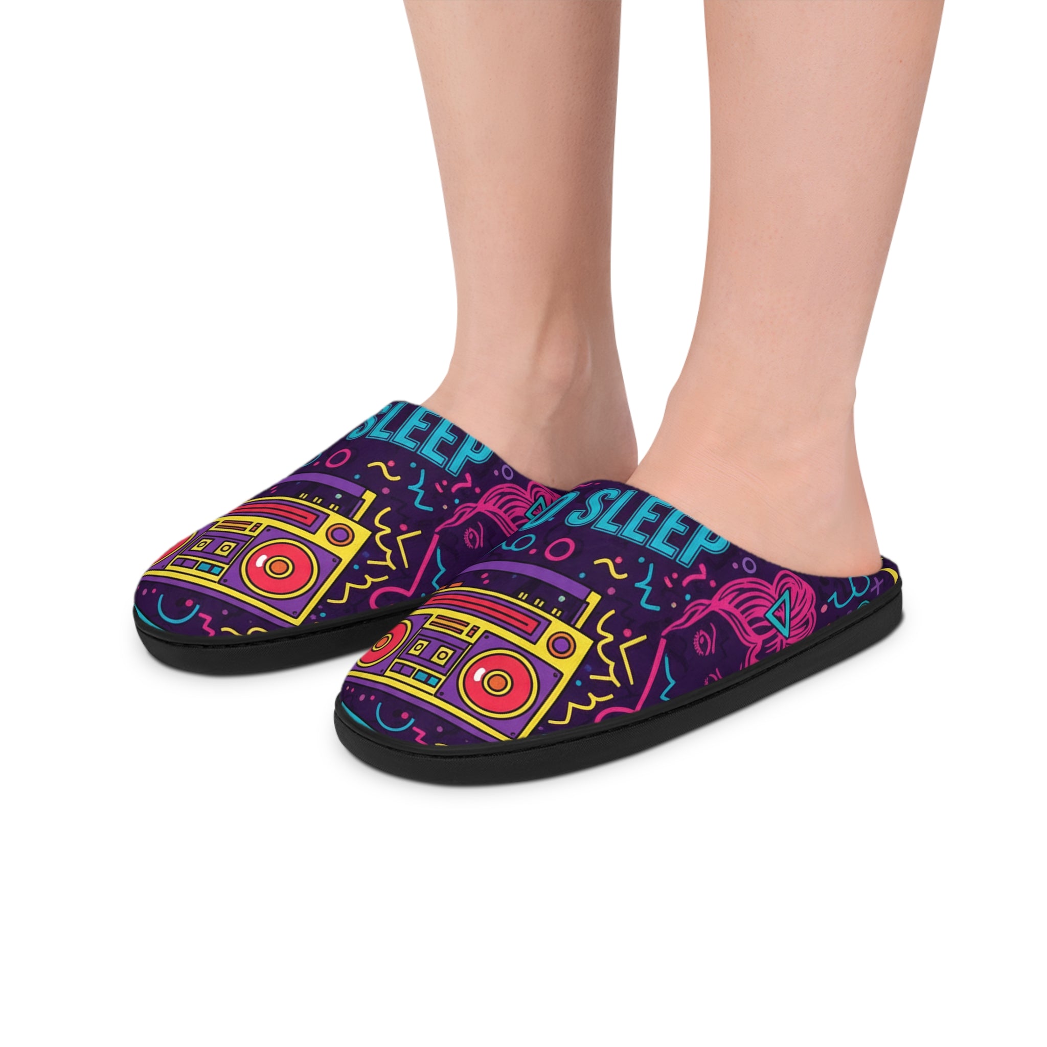 Go To Sleep Women’s Indoor Slippers — Retro Boombox Cozy House Shoes