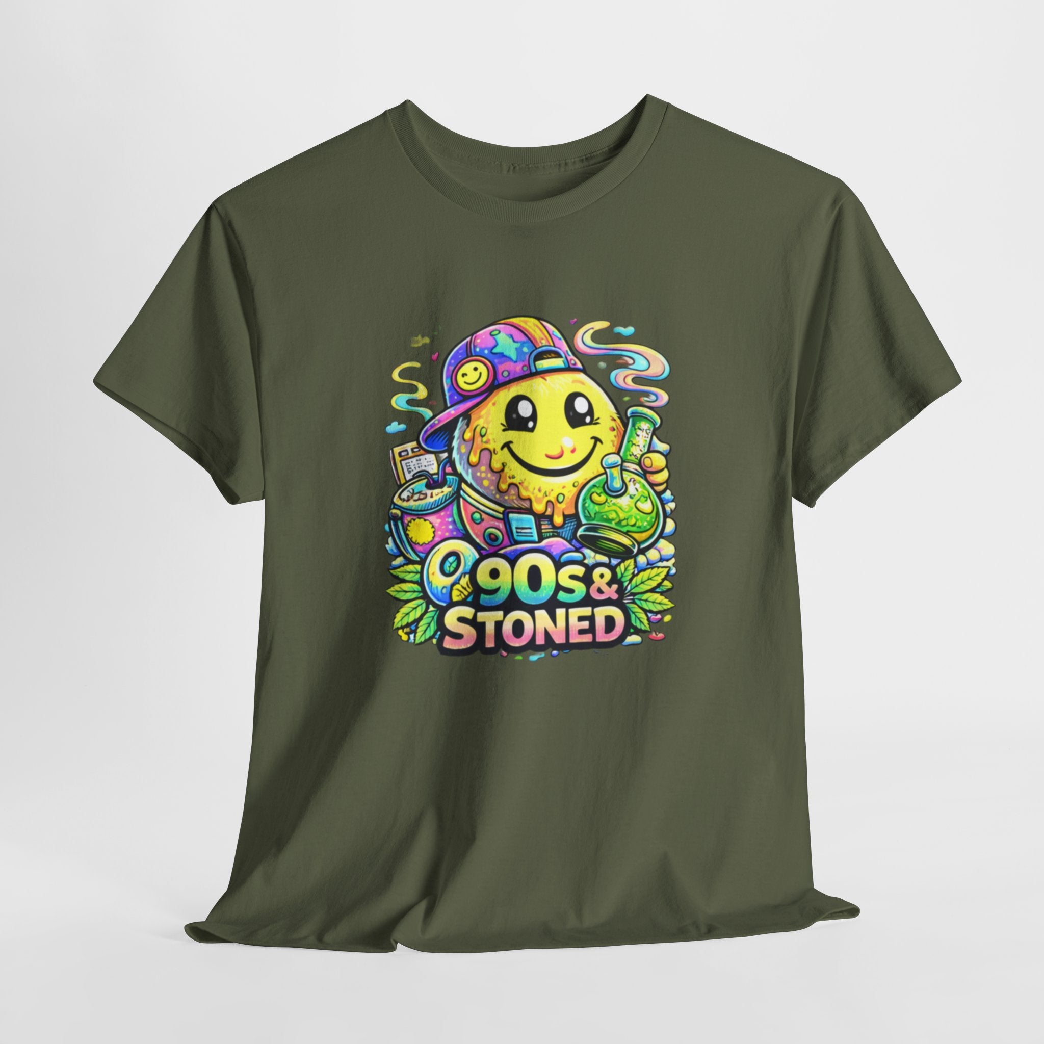 90s & Stoned Smiley Tee — Retro Vaporwave Cannabis Graphic T-Shirt