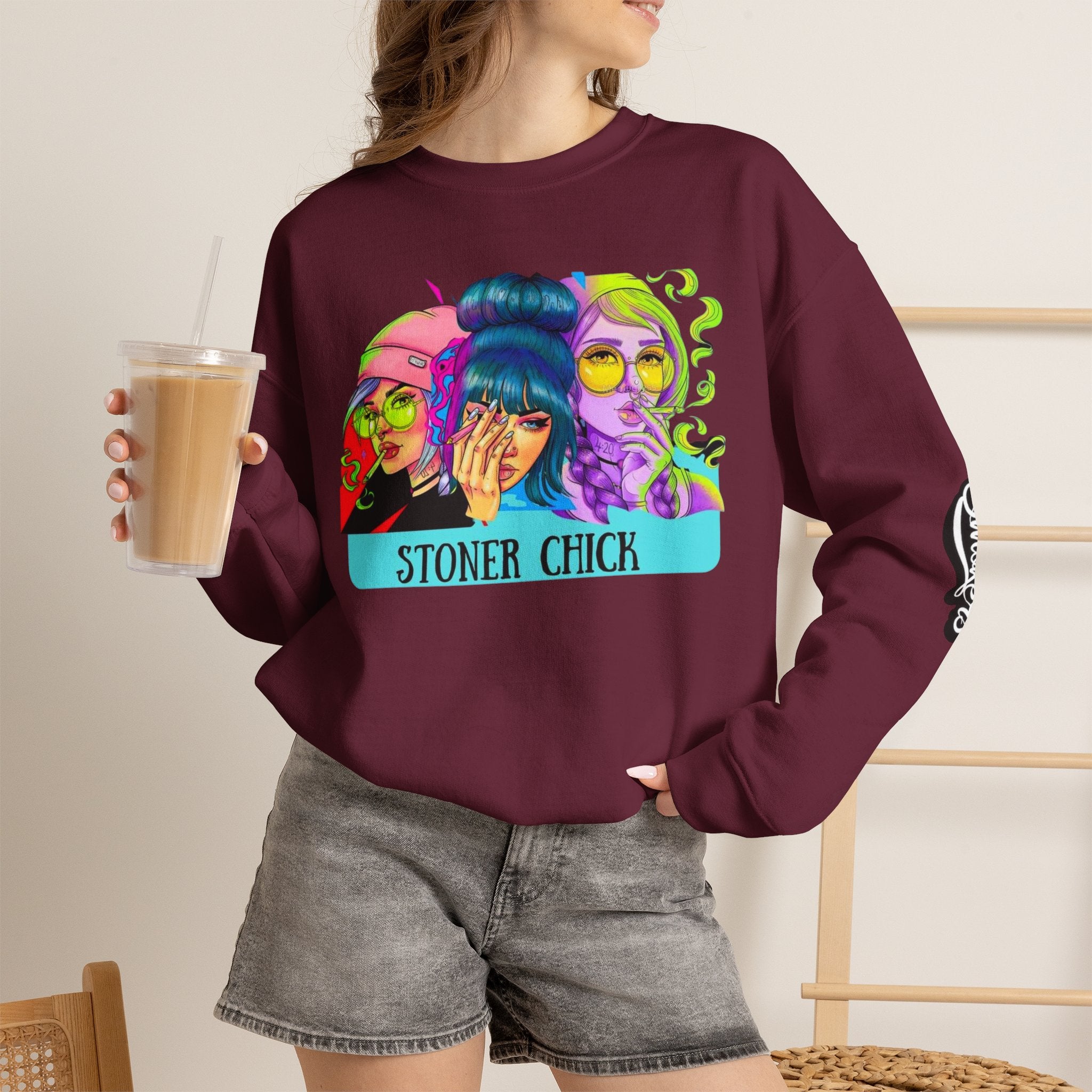 Stoner Chicks Crewneck Sweatshirt — Retro Cannabis Graphic