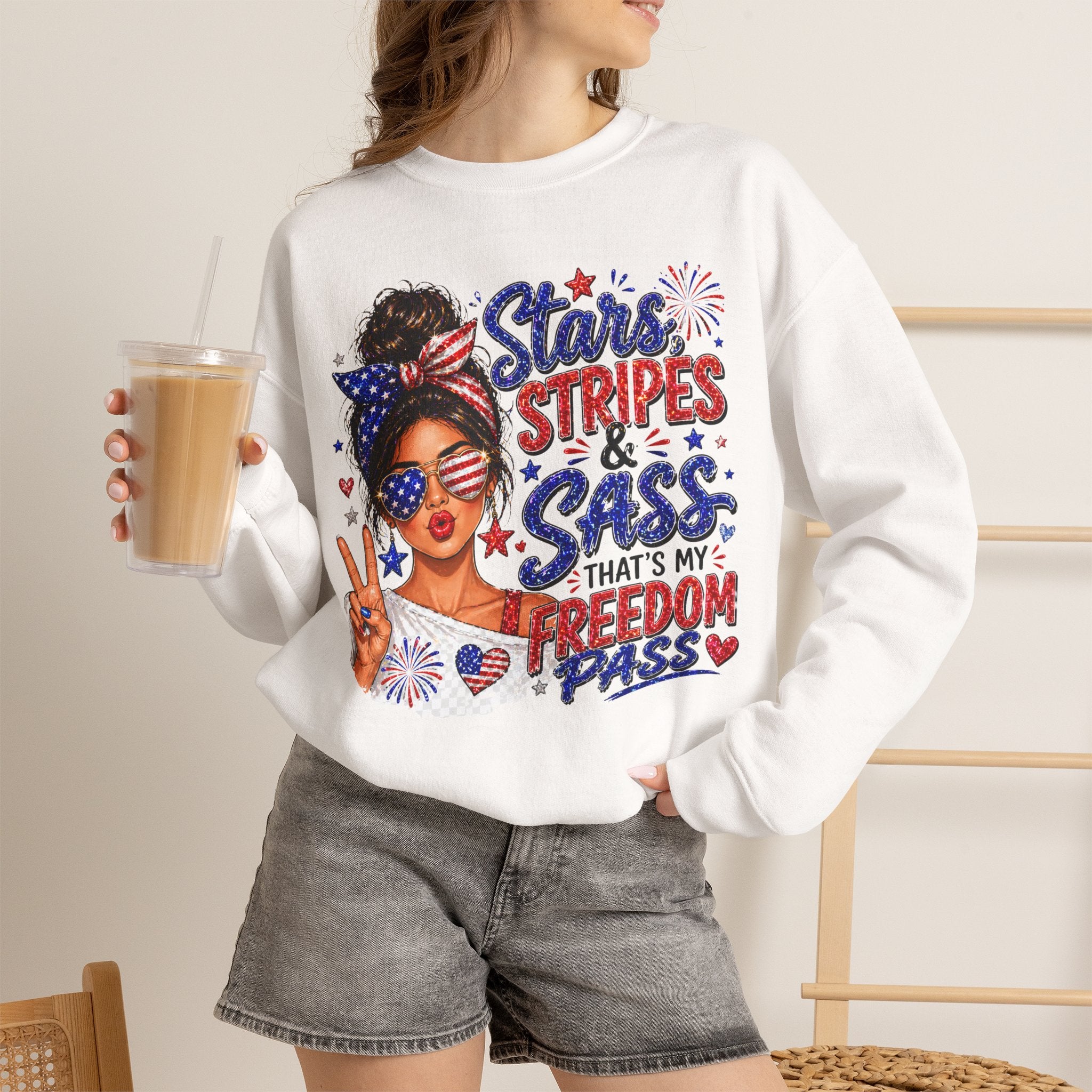 Patriotic 'Stars, Stripes & Sass' Crewneck Sweatshirt – 4th of July Freedom Pass Graphic