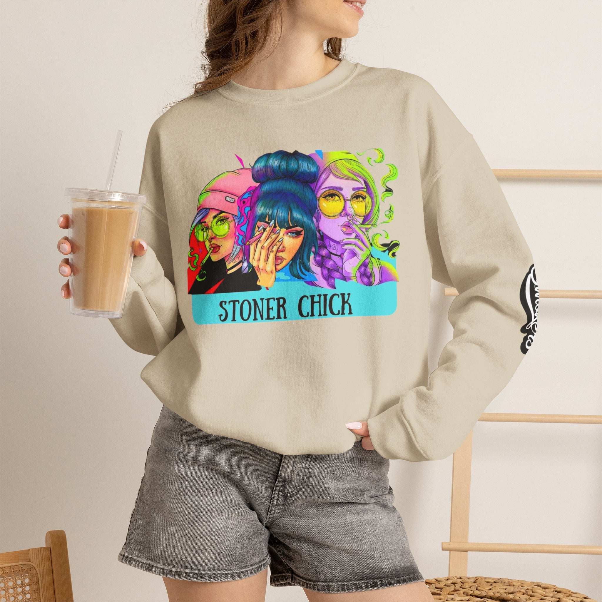 Stoner Chicks Crewneck Sweatshirt — Retro Cannabis Graphic