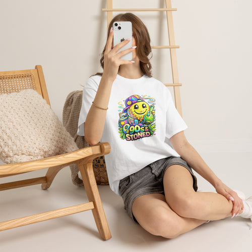90s & Stoned Smiley Tee — Retro Vaporwave Cannabis Graphic T-Shirt