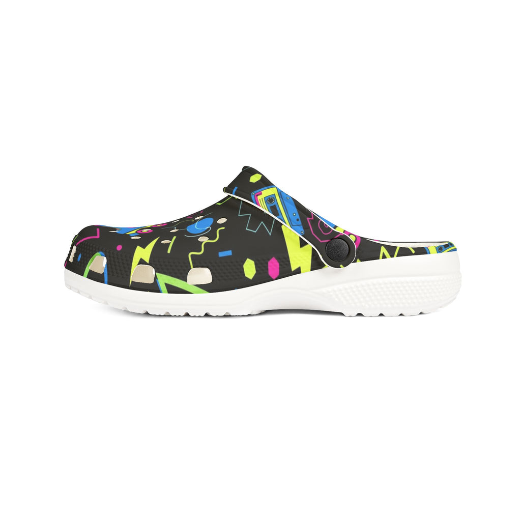 Retro Neon Roller Skate EVA Clogs — 80s Boombox & Stars Slip-On Shoes