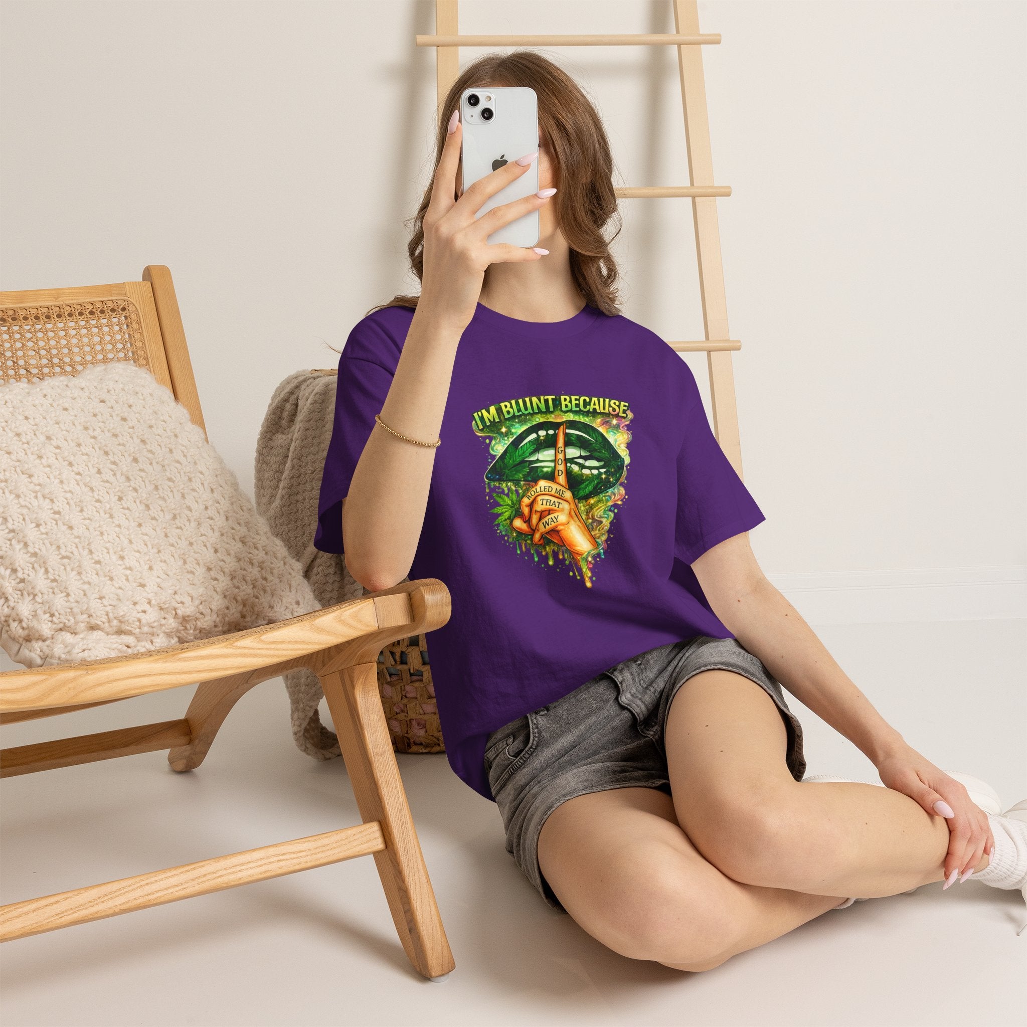 “I’m Blunt Because” Graphic Tee with Cannabis Leaf & Finger-On-Lips Design