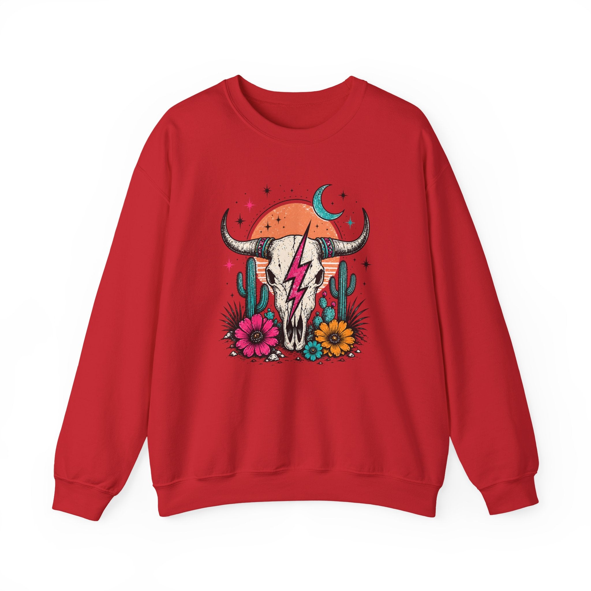Southwest Skull Crewneck Sweatshirt — Desert Cactus Lightning Graphic