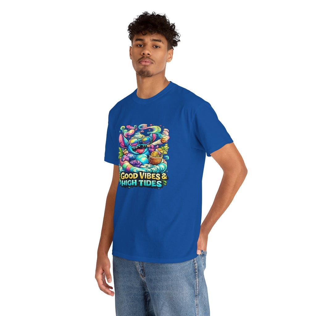 T-Shirt — "Good Vibes & High Tides" Colorful Surf Shark Graphic Tee
