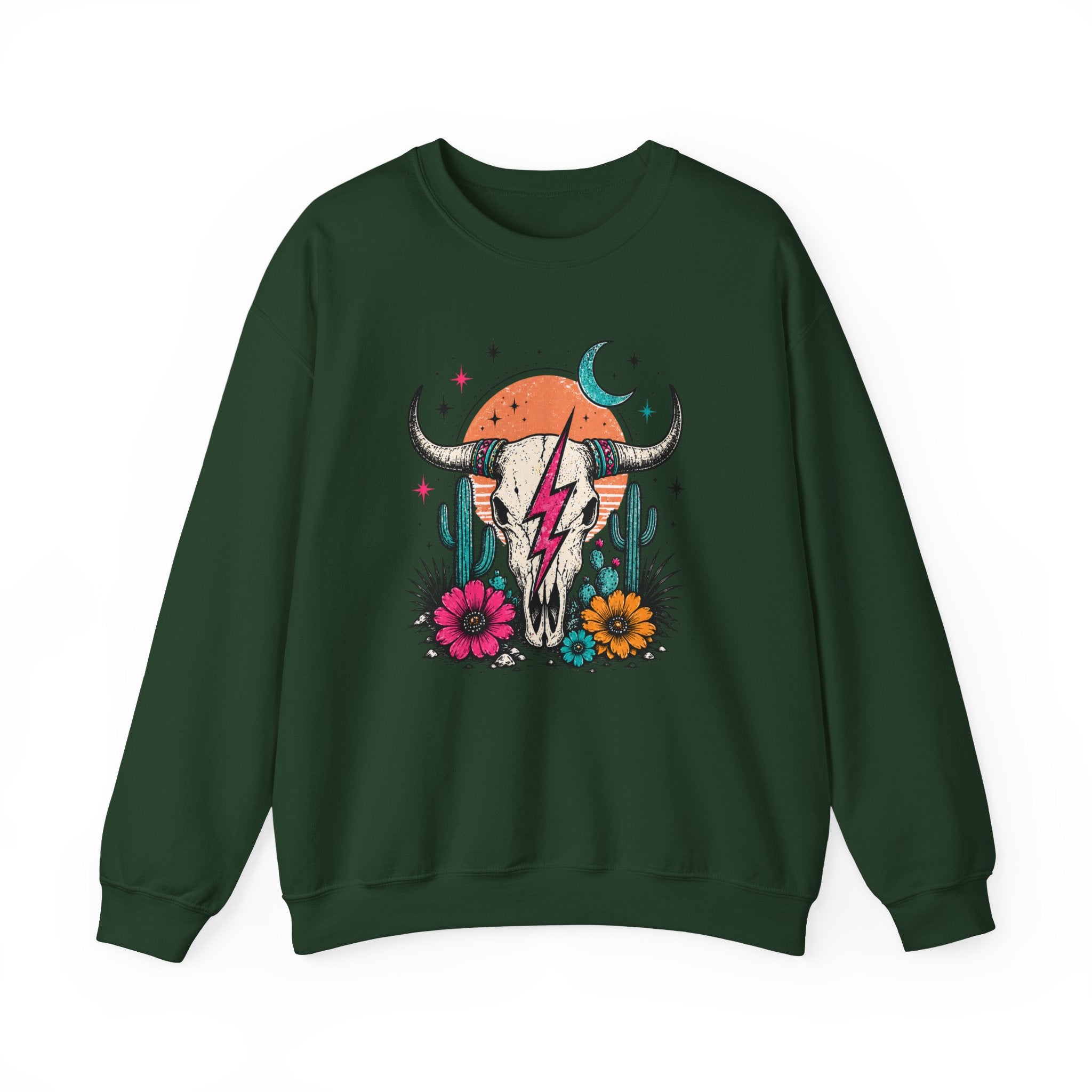 Southwest Skull Crewneck Sweatshirt — Desert Cactus Lightning Graphic