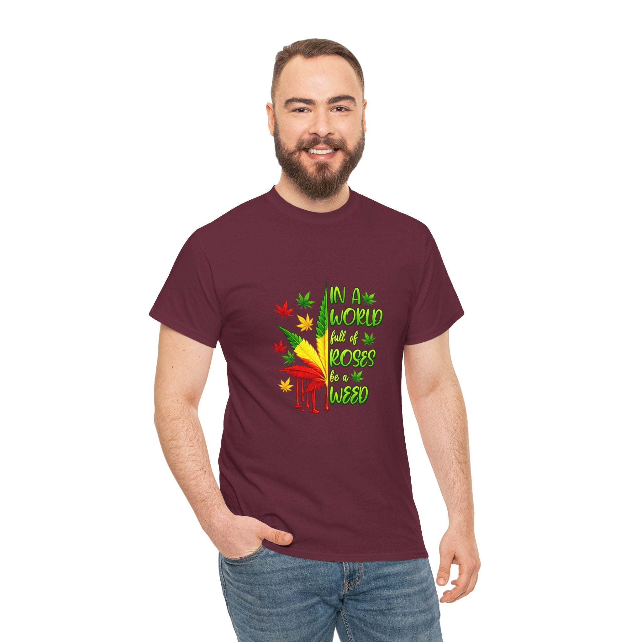 T-Shirt — "In A World Where Mosses Rule" Colorful Mushroom & Leaf Graphic